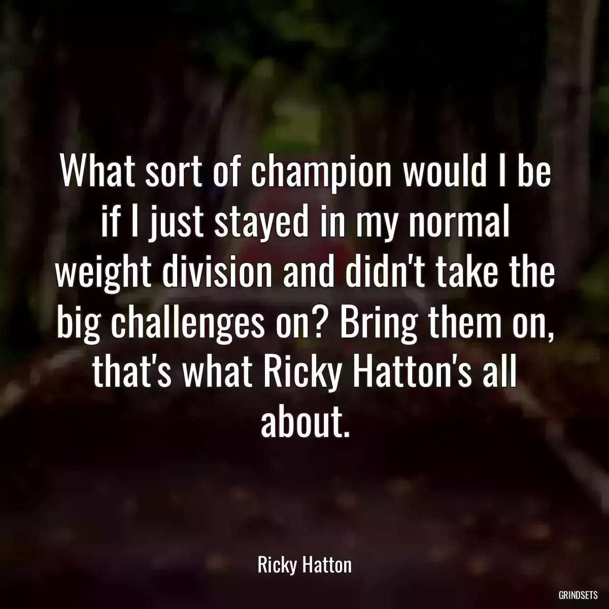 What sort of champion would I be if I just stayed in my normal weight division and didn\'t take the big challenges on? Bring them on, that\'s what Ricky Hatton\'s all about.