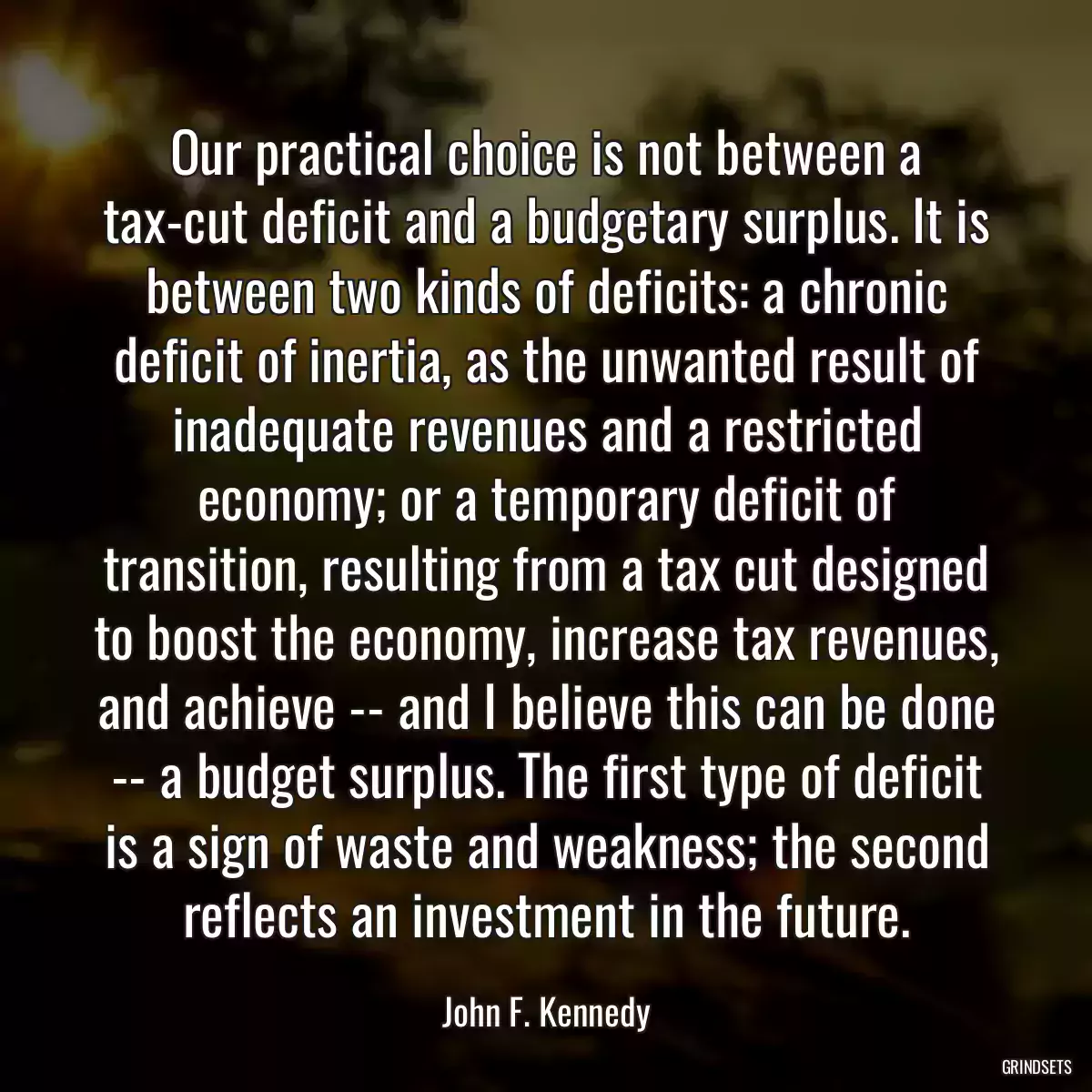 Our practical choice is not between a tax-cut deficit and a budgetary surplus. It is between two kinds of deficits: a chronic deficit of inertia, as the unwanted result of inadequate revenues and a restricted economy; or a temporary deficit of transition, resulting from a tax cut designed to boost the economy, increase tax revenues, and achieve -- and I believe this can be done -- a budget surplus. The first type of deficit is a sign of waste and weakness; the second reflects an investment in the future.