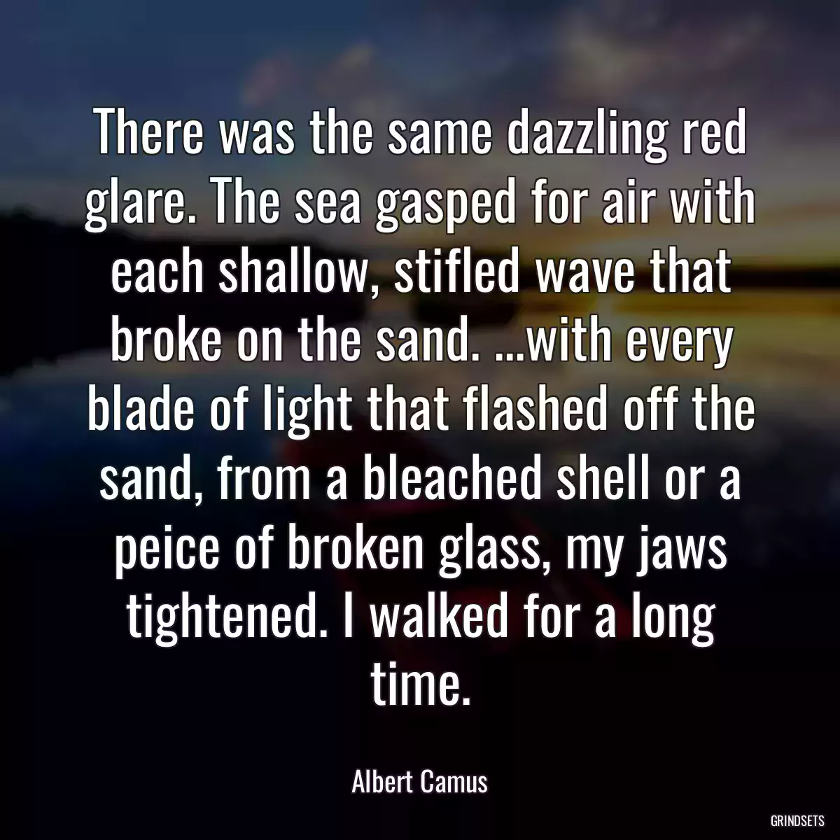 There was the same dazzling red glare. The sea gasped for air with each shallow, stifled wave that broke on the sand. ...with every blade of light that flashed off the sand, from a bleached shell or a peice of broken glass, my jaws tightened. I walked for a long time.