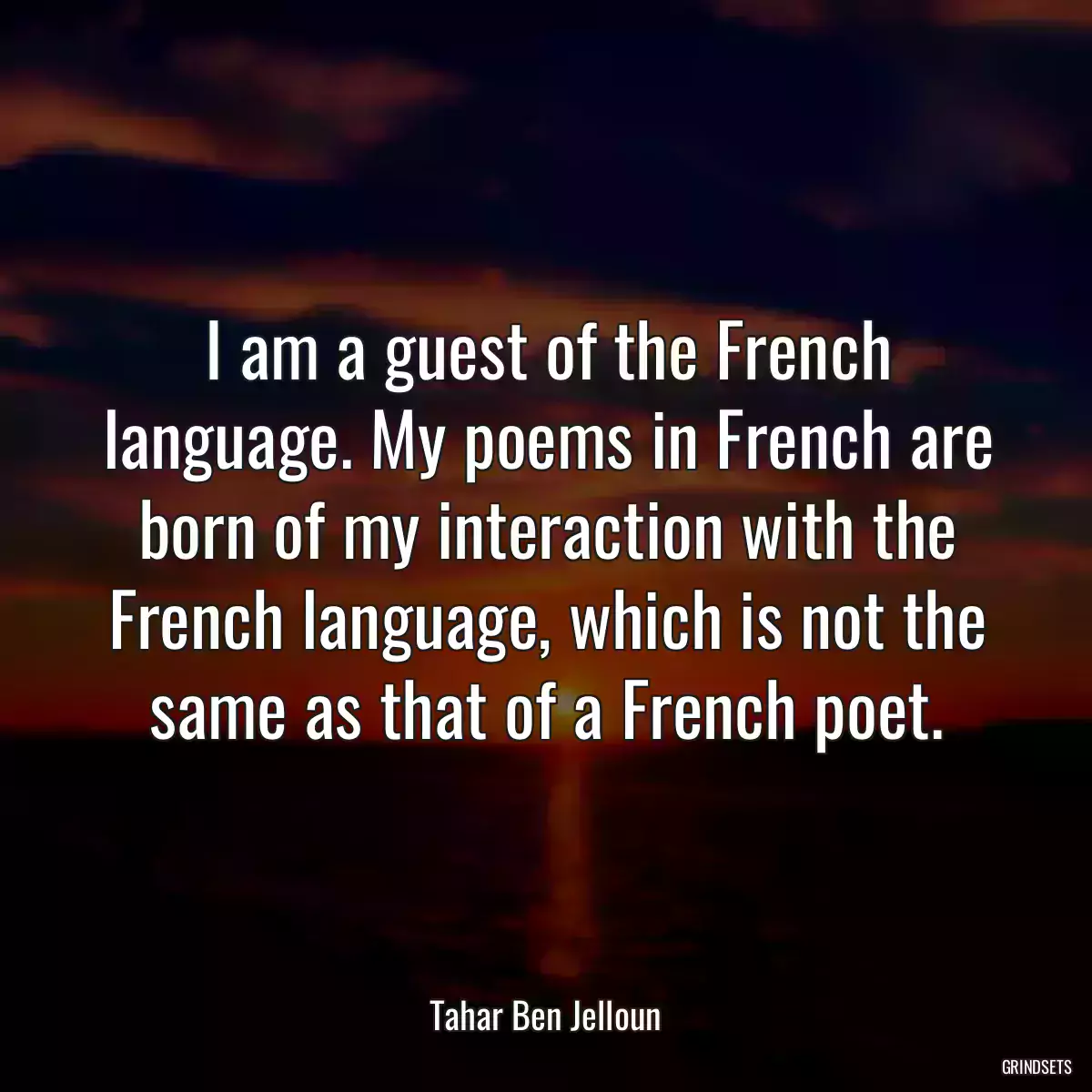 I am a guest of the French language. My poems in French are born of my interaction with the French language, which is not the same as that of a French poet.