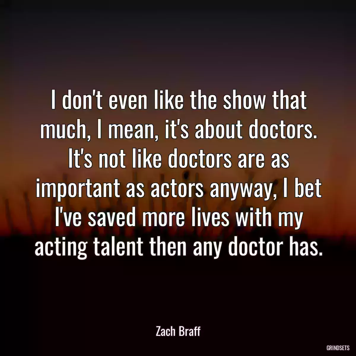 I don\'t even like the show that much, I mean, it\'s about doctors. It\'s not like doctors are as important as actors anyway, I bet I\'ve saved more lives with my acting talent then any doctor has.