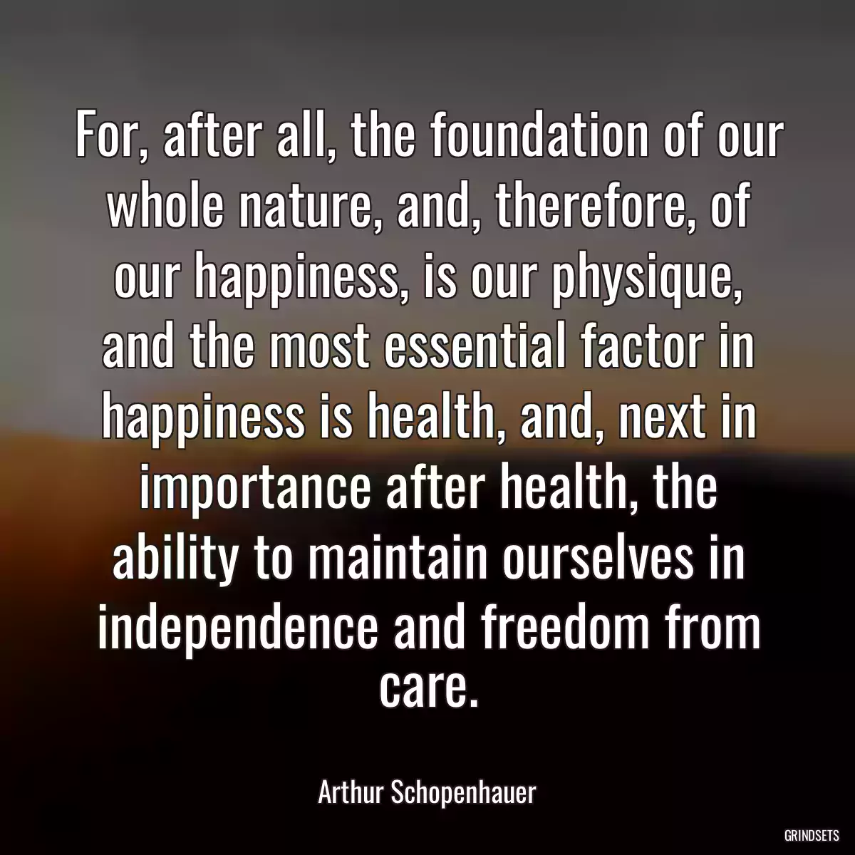 For, after all, the foundation of our whole nature, and, therefore, of our happiness, is our physique, and the most essential factor in happiness is health, and, next in importance after health, the ability to maintain ourselves in independence and freedom from care.