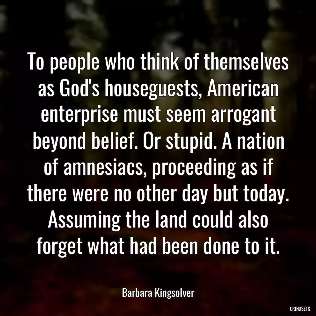 To people who think of themselves as God\'s houseguests, American enterprise must seem arrogant beyond belief. Or stupid. A nation of amnesiacs, proceeding as if there were no other day but today. Assuming the land could also forget what had been done to it.