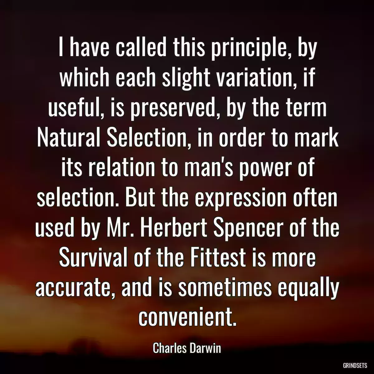 I have called this principle, by which each slight variation, if useful, is preserved, by the term Natural Selection, in order to mark its relation to man\'s power of selection. But the expression often used by Mr. Herbert Spencer of the Survival of the Fittest is more accurate, and is sometimes equally convenient.