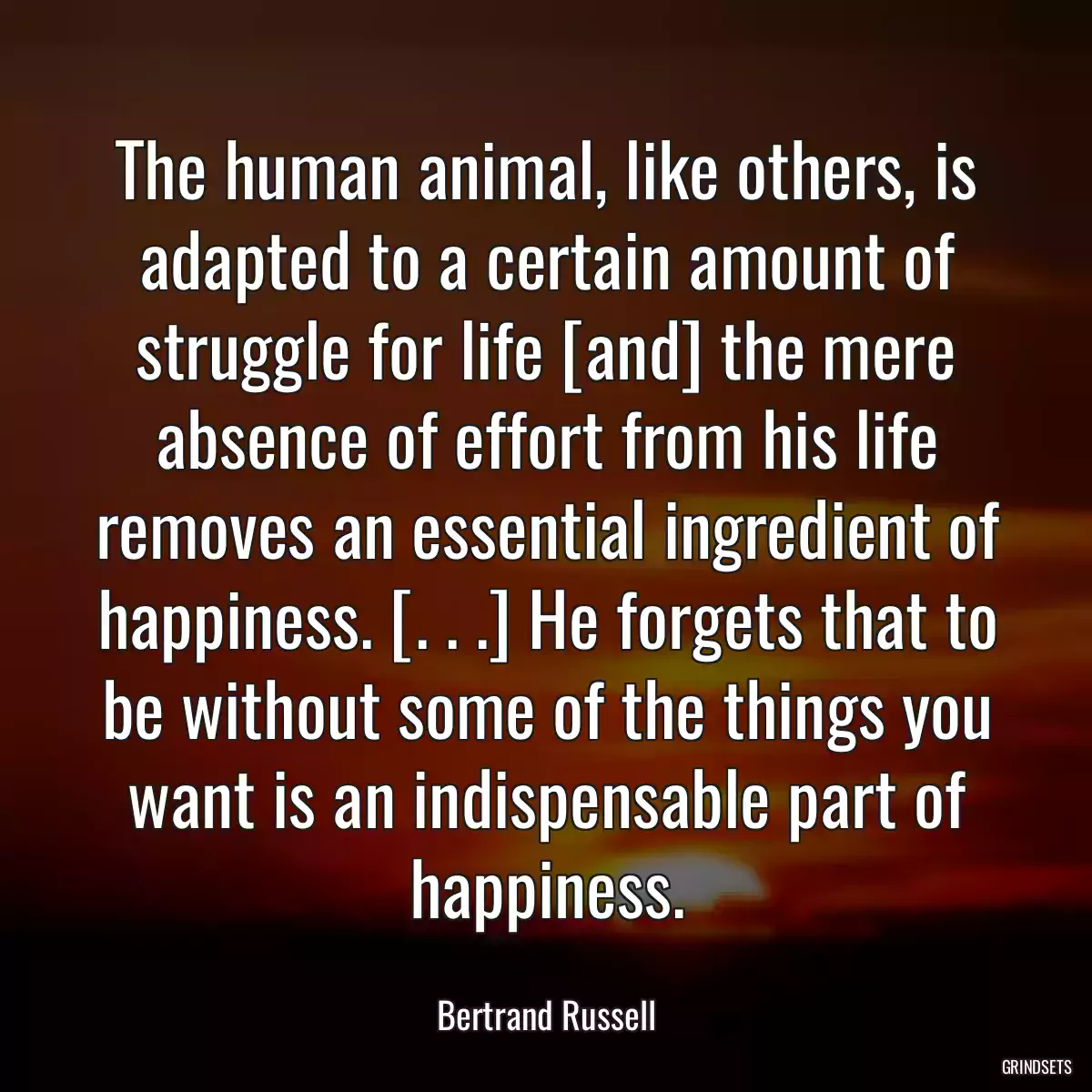 The human animal, like others, is adapted to a certain amount of struggle for life [and] the mere absence of effort from his life removes an essential ingredient of happiness. [. . .] He forgets that to be without some of the things you want is an indispensable part of happiness.
