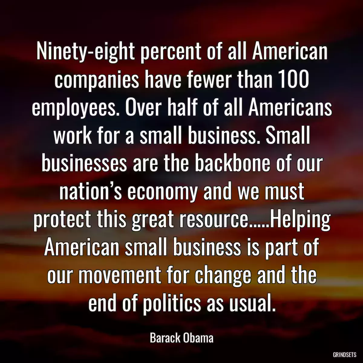 Ninety-eight percent of all American companies have fewer than 100 employees. Over half of all Americans work for a small business. Small businesses are the backbone of our nation’s economy and we must protect this great resource.....Helping American small business is part of our movement for change and the end of politics as usual.