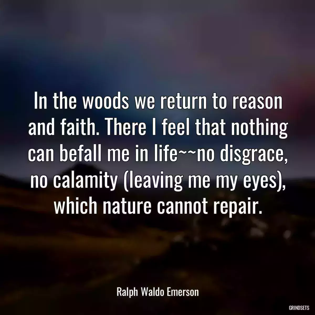 In the woods we return to reason and faith. There I feel that nothing can befall me in life~~no disgrace, no calamity (leaving me my eyes), which nature cannot repair.