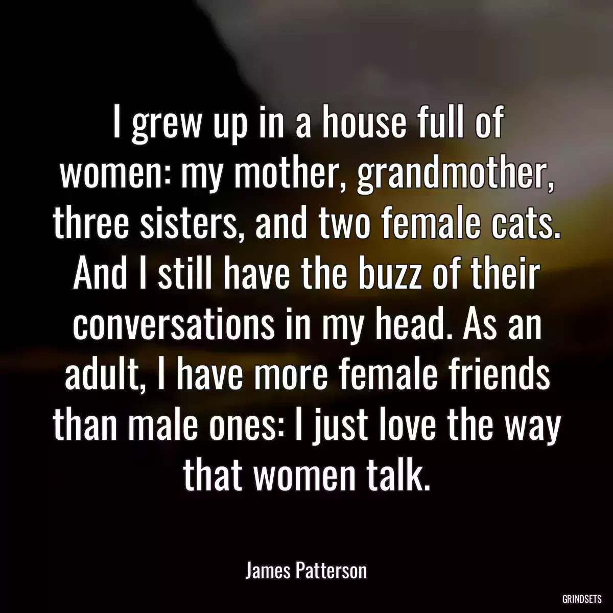 I grew up in a house full of women: my mother, grandmother, three sisters, and two female cats. And I still have the buzz of their conversations in my head. As an adult, I have more female friends than male ones: I just love the way that women talk.