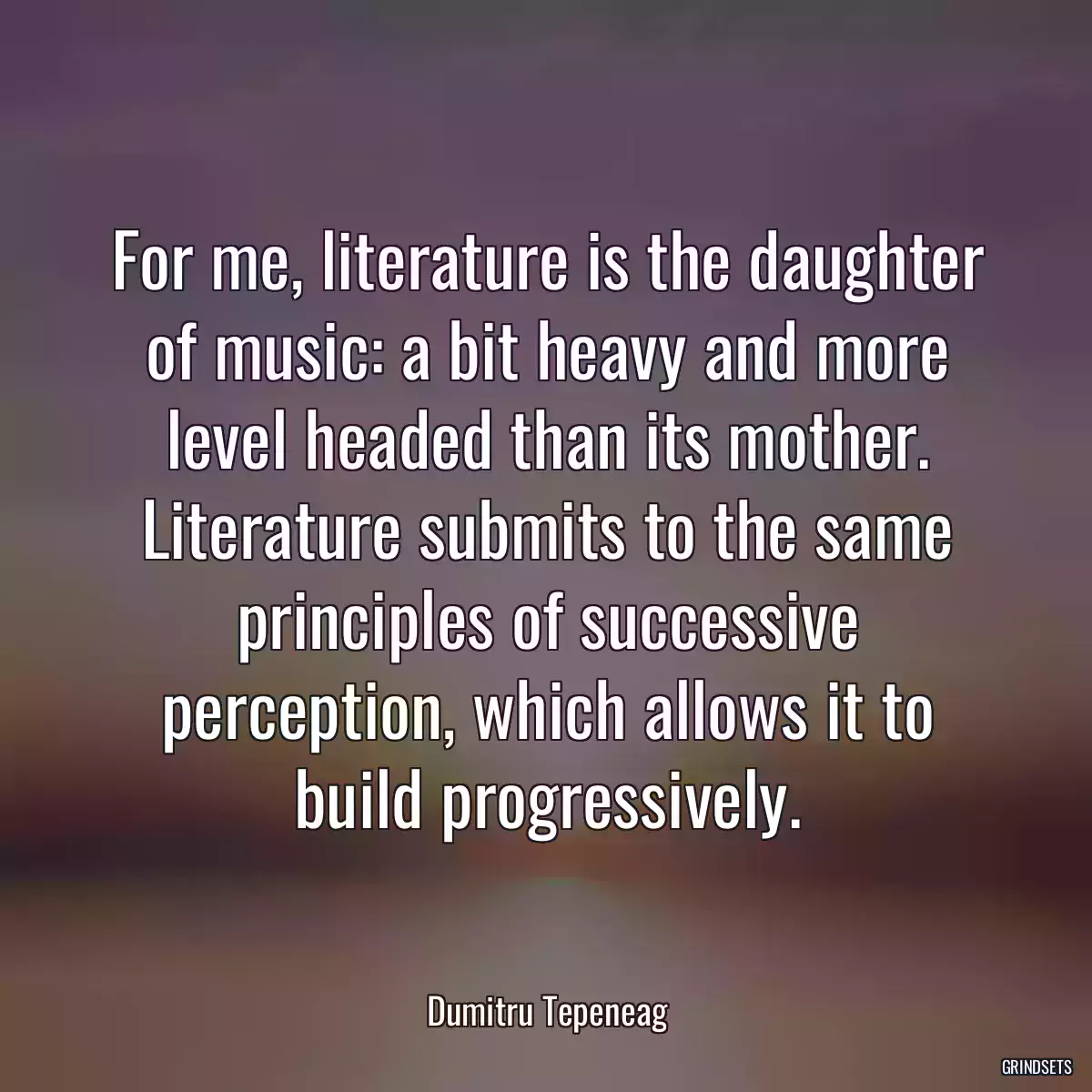 For me, literature is the daughter of music: a bit heavy and more level headed than its mother. Literature submits to the same principles of successive perception, which allows it to build progressively.