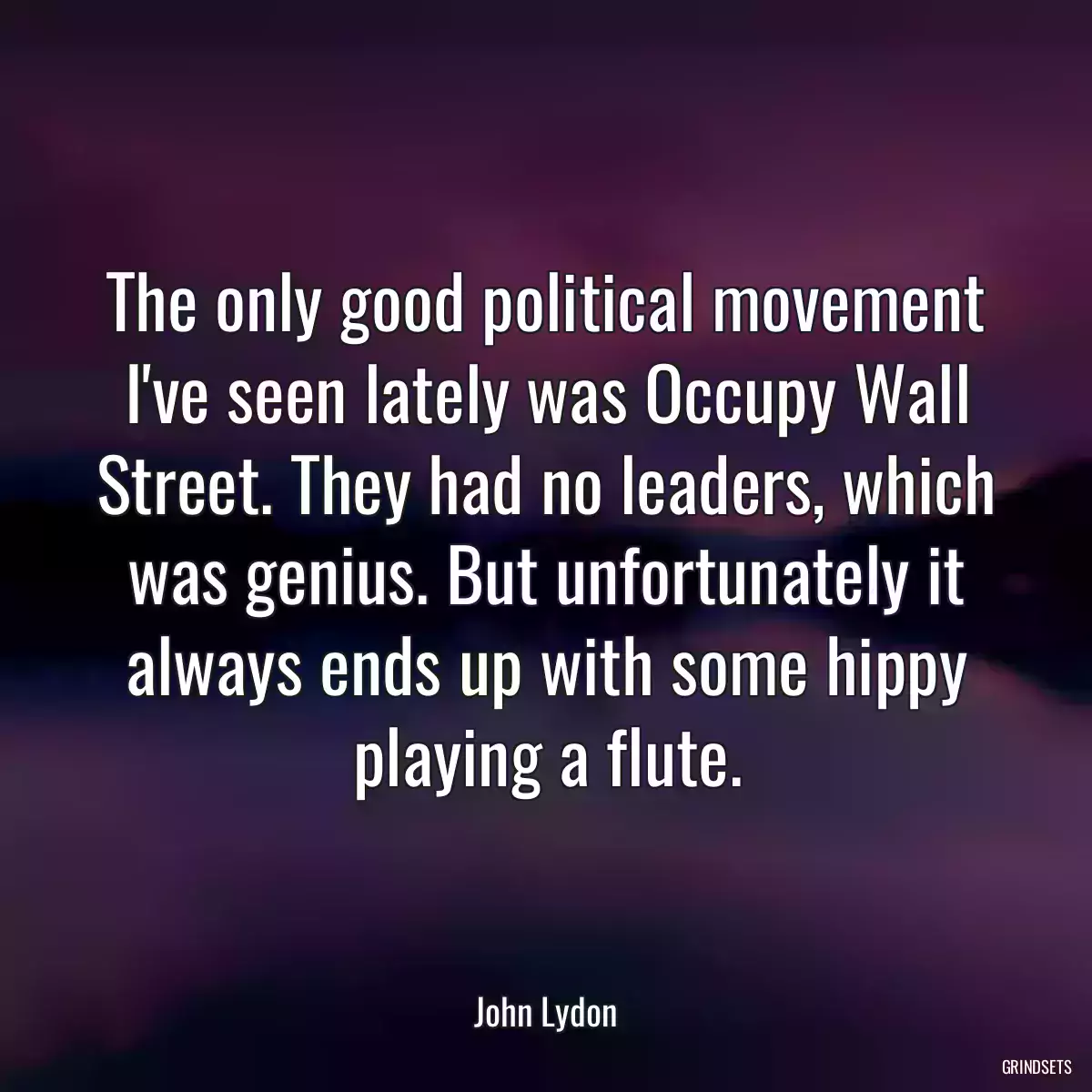 The only good political movement I\'ve seen lately was Occupy Wall Street. They had no leaders, which was genius. But unfortunately it always ends up with some hippy playing a flute.