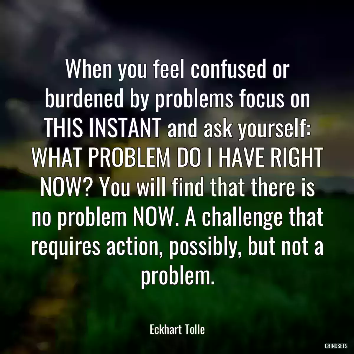 When you feel confused or burdened by problems focus on THIS INSTANT and ask yourself: WHAT PROBLEM DO I HAVE RIGHT NOW? You will find that there is no problem NOW. A challenge that requires action, possibly, but not a problem.