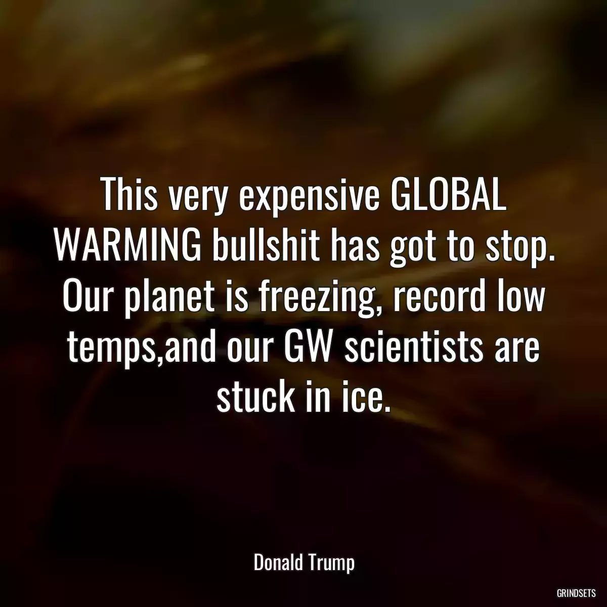 This very expensive GLOBAL WARMING bullshit has got to stop. Our planet is freezing, record low temps,and our GW scientists are stuck in ice.