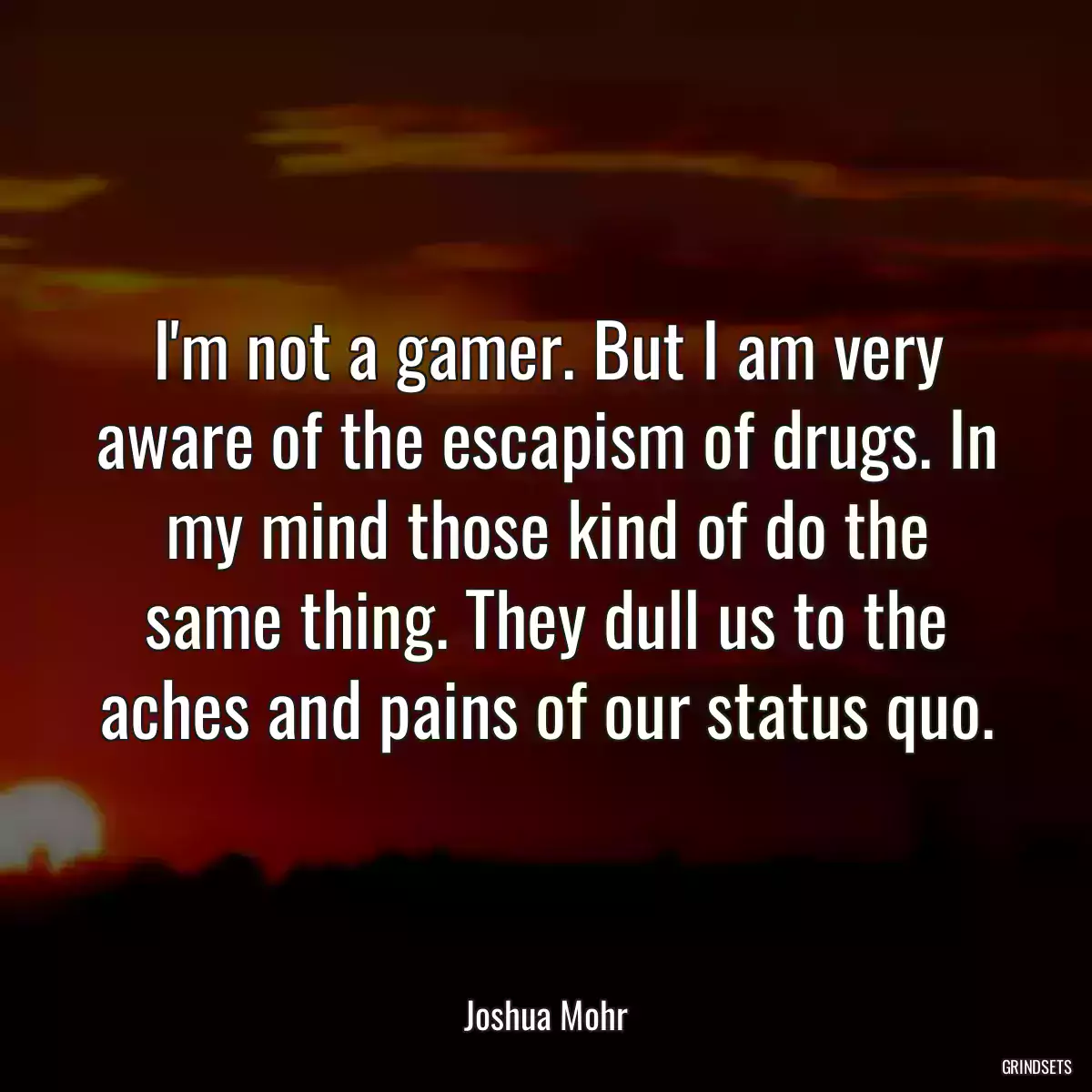 I\'m not a gamer. But I am very aware of the escapism of drugs. In my mind those kind of do the same thing. They dull us to the aches and pains of our status quo.