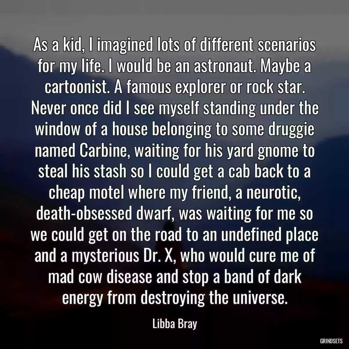 As a kid, I imagined lots of different scenarios for my life. I would be an astronaut. Maybe a cartoonist. A famous explorer or rock star. Never once did I see myself standing under the window of a house belonging to some druggie named Carbine, waiting for his yard gnome to steal his stash so I could get a cab back to a cheap motel where my friend, a neurotic, death-obsessed dwarf, was waiting for me so we could get on the road to an undefined place and a mysterious Dr. X, who would cure me of mad cow disease and stop a band of dark energy from destroying the universe.