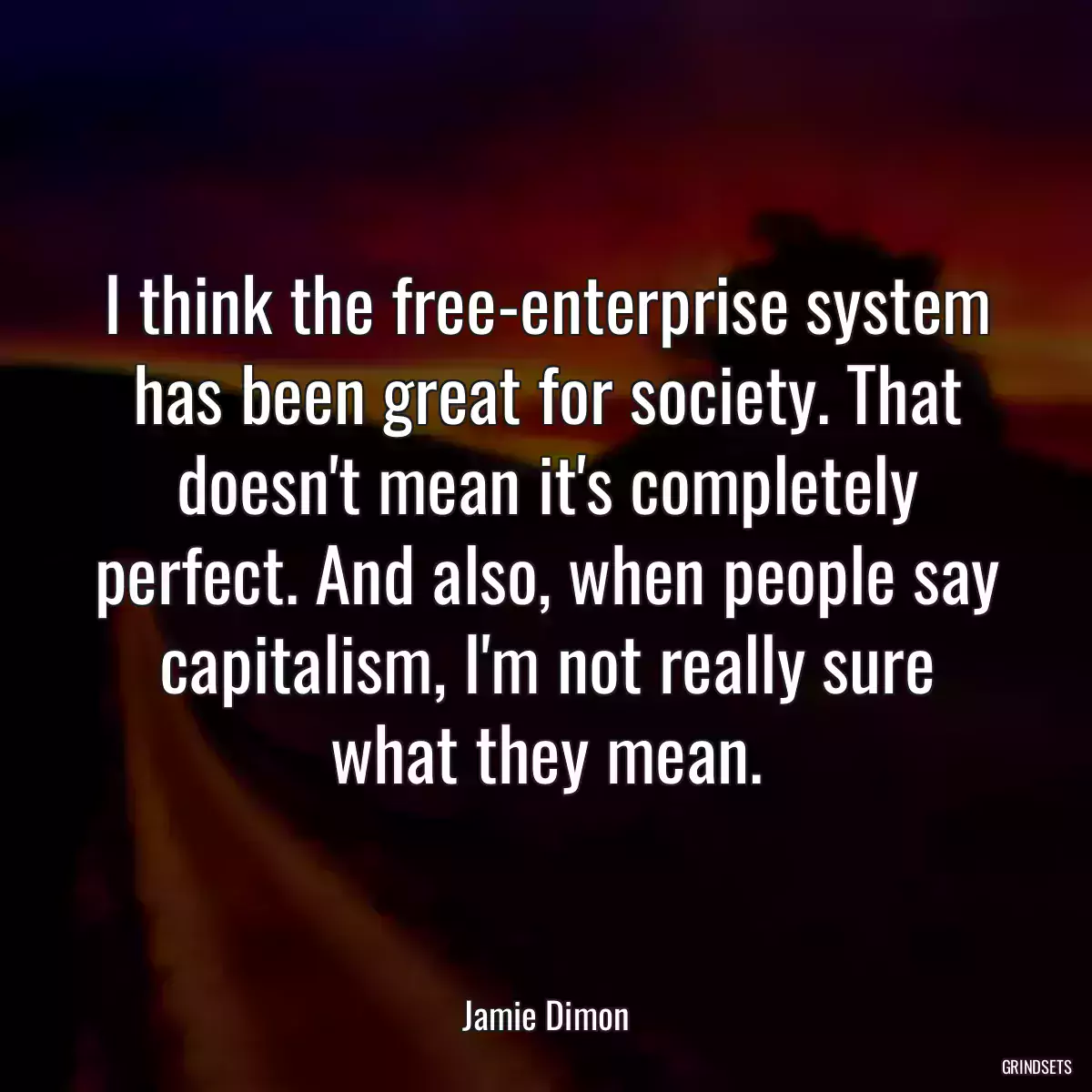 I think the free-enterprise system has been great for society. That doesn\'t mean it\'s completely perfect. And also, when people say capitalism, I\'m not really sure what they mean.