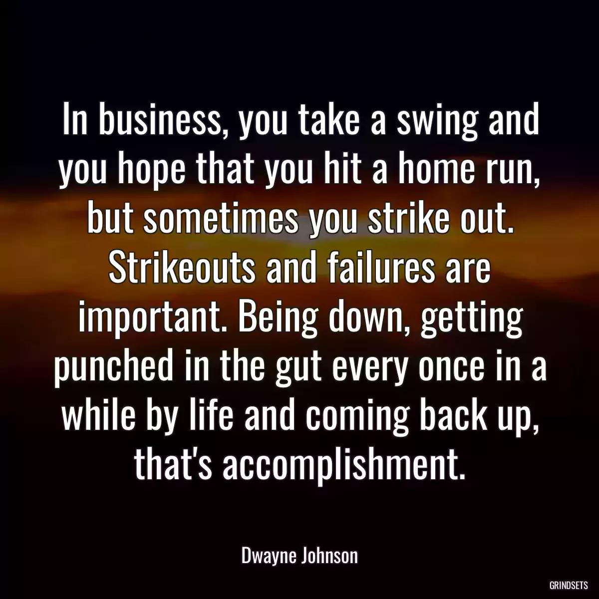 In business, you take a swing and you hope that you hit a home run, but sometimes you strike out. Strikeouts and failures are important. Being down, getting punched in the gut every once in a while by life and coming back up, that\'s accomplishment.