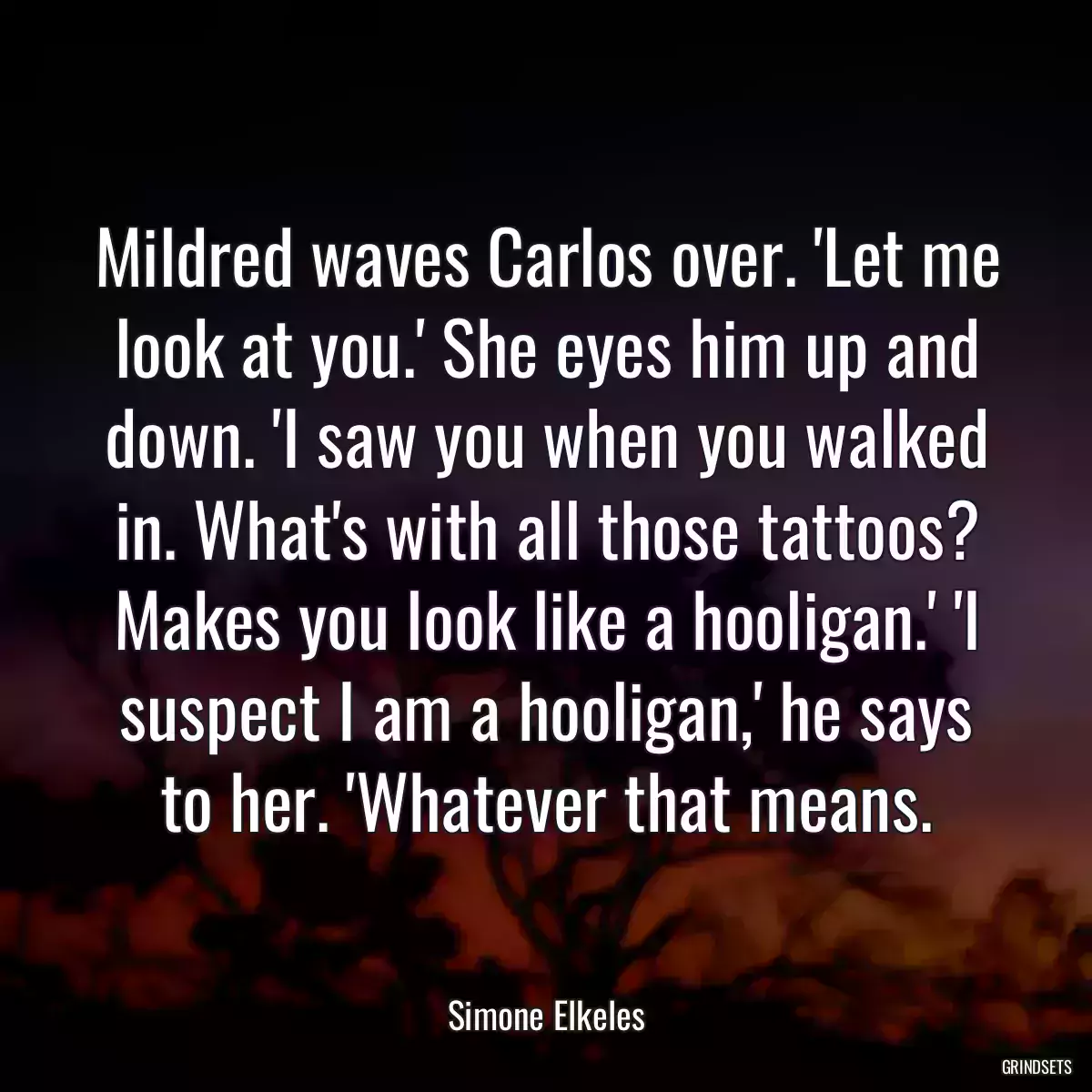 Mildred waves Carlos over. \'Let me look at you.\' She eyes him up and down. \'I saw you when you walked in. What\'s with all those tattoos? Makes you look like a hooligan.\' \'I suspect I am a hooligan,\' he says to her. \'Whatever that means.