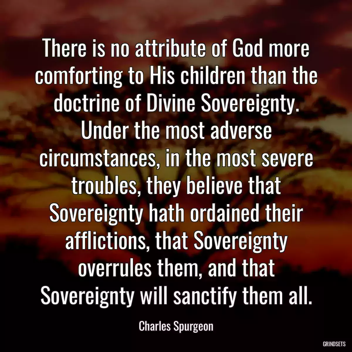 There is no attribute of God more comforting to His children than the doctrine of Divine Sovereignty. Under the most adverse circumstances, in the most severe troubles, they believe that Sovereignty hath ordained their afflictions, that Sovereignty overrules them, and that Sovereignty will sanctify them all.