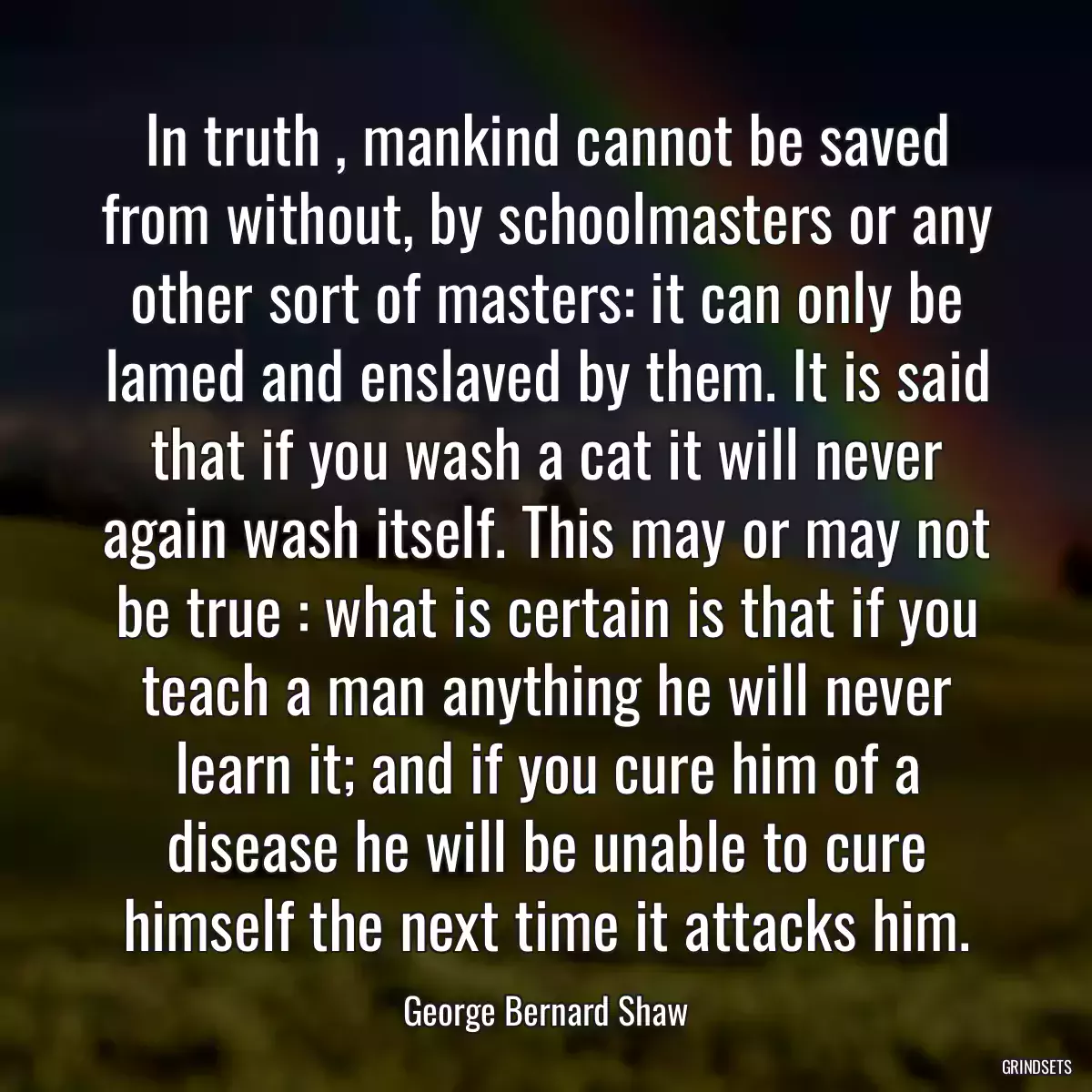 In truth , mankind cannot be saved from without, by schoolmasters or any other sort of masters: it can only be lamed and enslaved by them. It is said that if you wash a cat it will never again wash itself. This may or may not be true : what is certain is that if you teach a man anything he will never learn it; and if you cure him of a disease he will be unable to cure himself the next time it attacks him.