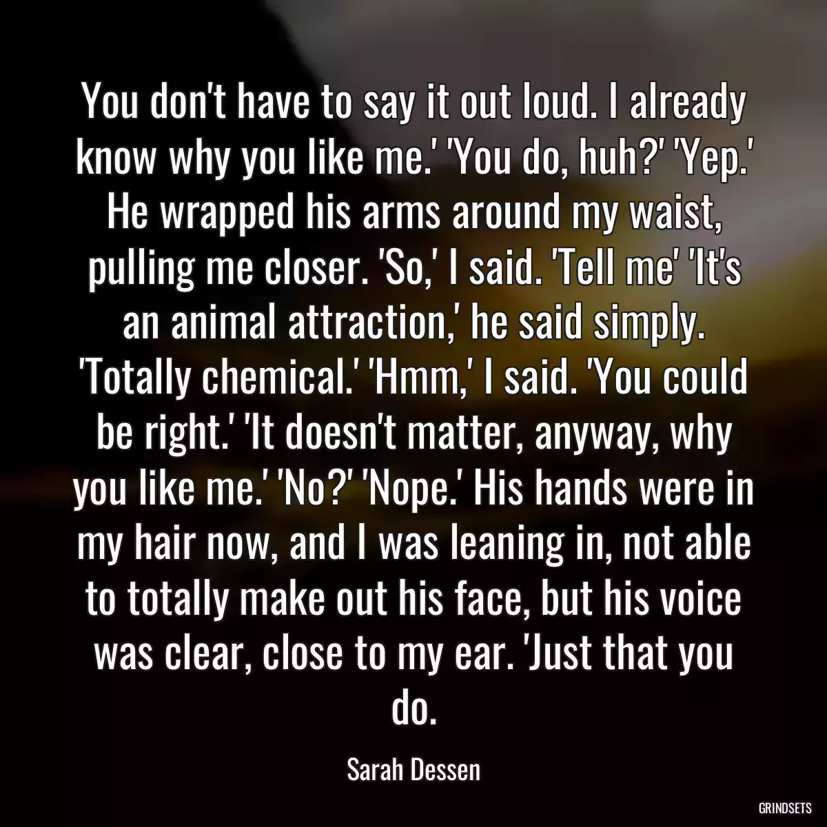 You don\'t have to say it out loud. I already know why you like me.\' \'You do, huh?\' \'Yep.\' He wrapped his arms around my waist, pulling me closer. \'So,\' I said. \'Tell me\' \'It\'s an animal attraction,\' he said simply. \'Totally chemical.\' \'Hmm,\' I said. \'You could be right.\' \'It doesn\'t matter, anyway, why you like me.\' \'No?\' \'Nope.\' His hands were in my hair now, and I was leaning in, not able to totally make out his face, but his voice was clear, close to my ear. \'Just that you do.