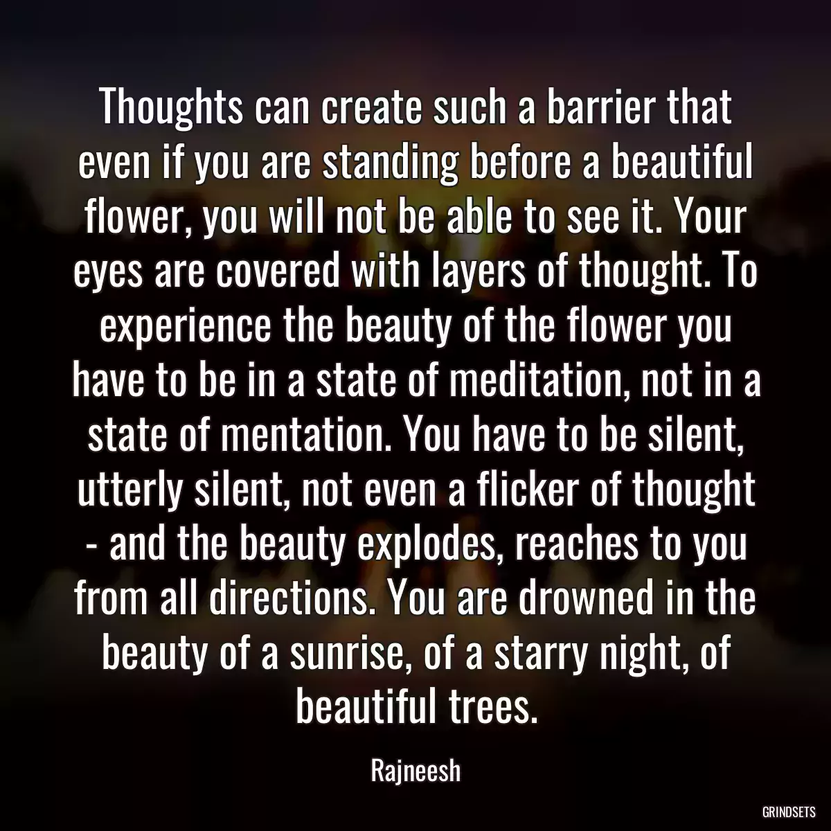 Thoughts can create such a barrier that even if you are standing before a beautiful flower, you will not be able to see it. Your eyes are covered with layers of thought. To experience the beauty of the flower you have to be in a state of meditation, not in a state of mentation. You have to be silent, utterly silent, not even a flicker of thought - and the beauty explodes, reaches to you from all directions. You are drowned in the beauty of a sunrise, of a starry night, of beautiful trees.