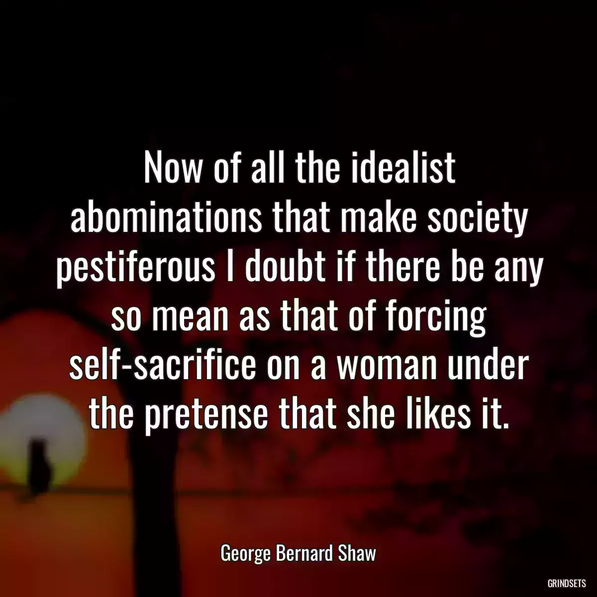 Now of all the idealist abominations that make society pestiferous I doubt if there be any so mean as that of forcing self-sacrifice on a woman under the pretense that she likes it.