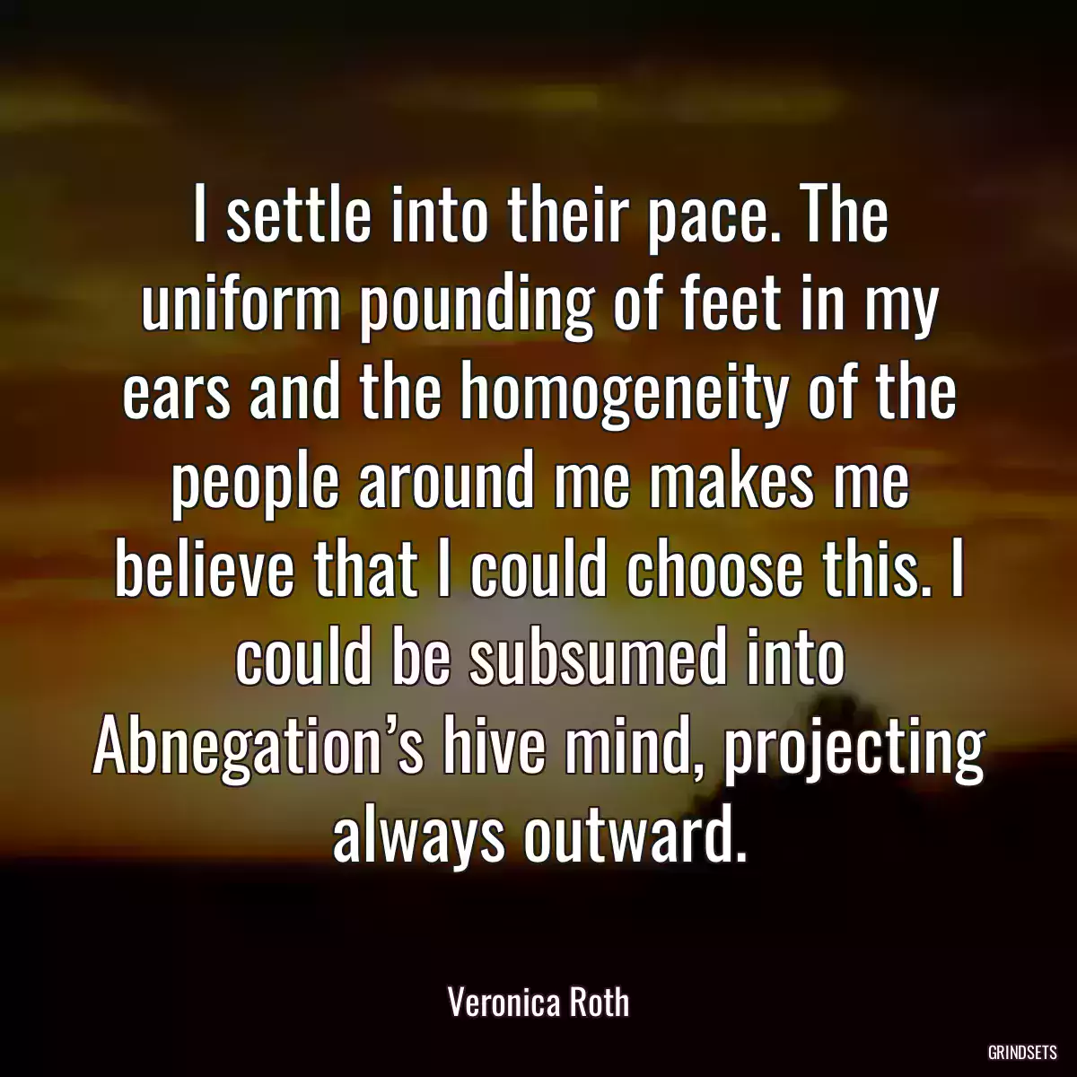 I settle into their pace. The uniform pounding of feet in my ears and the homogeneity of the people around me makes me believe that I could choose this. I could be subsumed into Abnegation’s hive mind, projecting always outward.