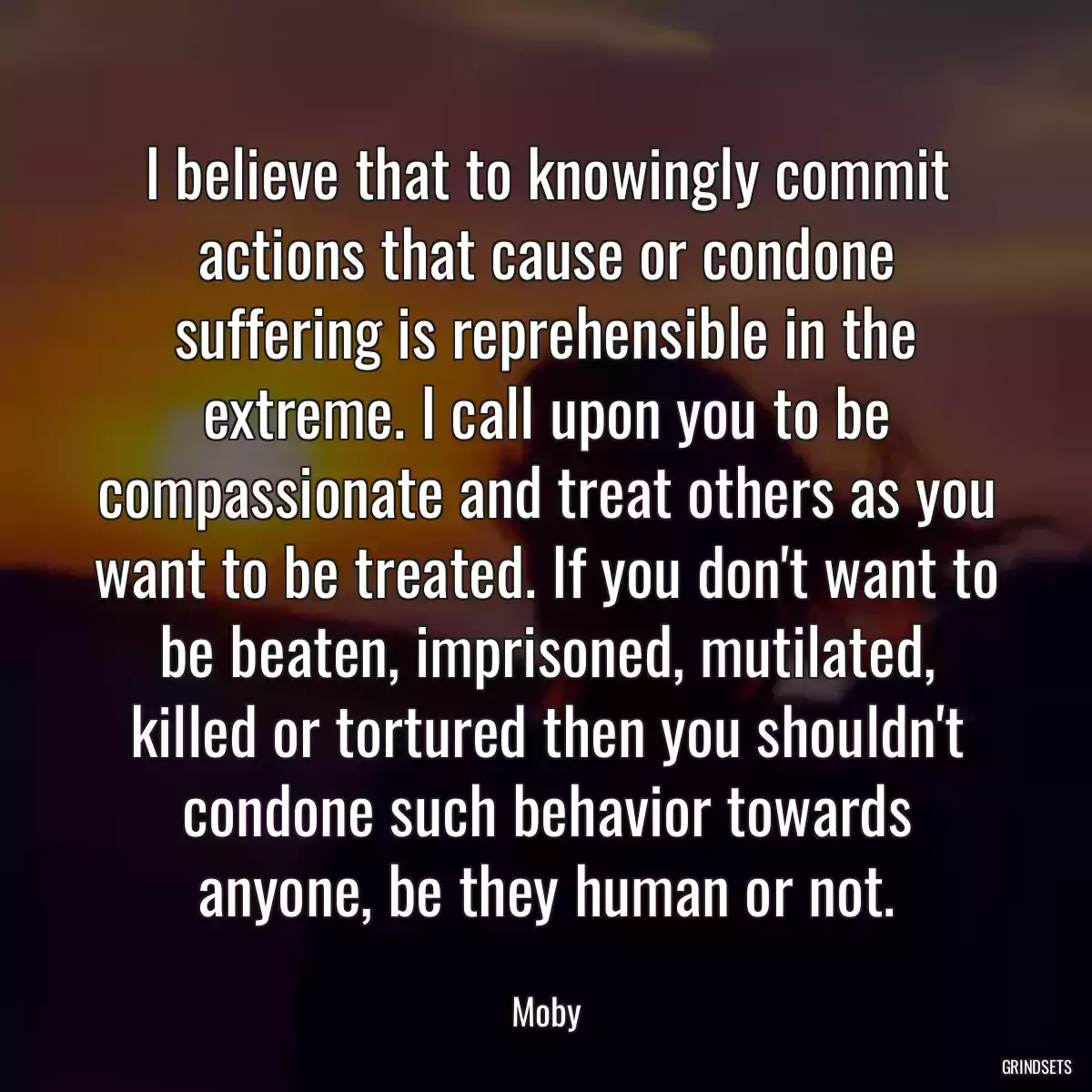 I believe that to knowingly commit actions that cause or condone suffering is reprehensible in the extreme. I call upon you to be compassionate and treat others as you want to be treated. If you don\'t want to be beaten, imprisoned, mutilated, killed or tortured then you shouldn\'t condone such behavior towards anyone, be they human or not.