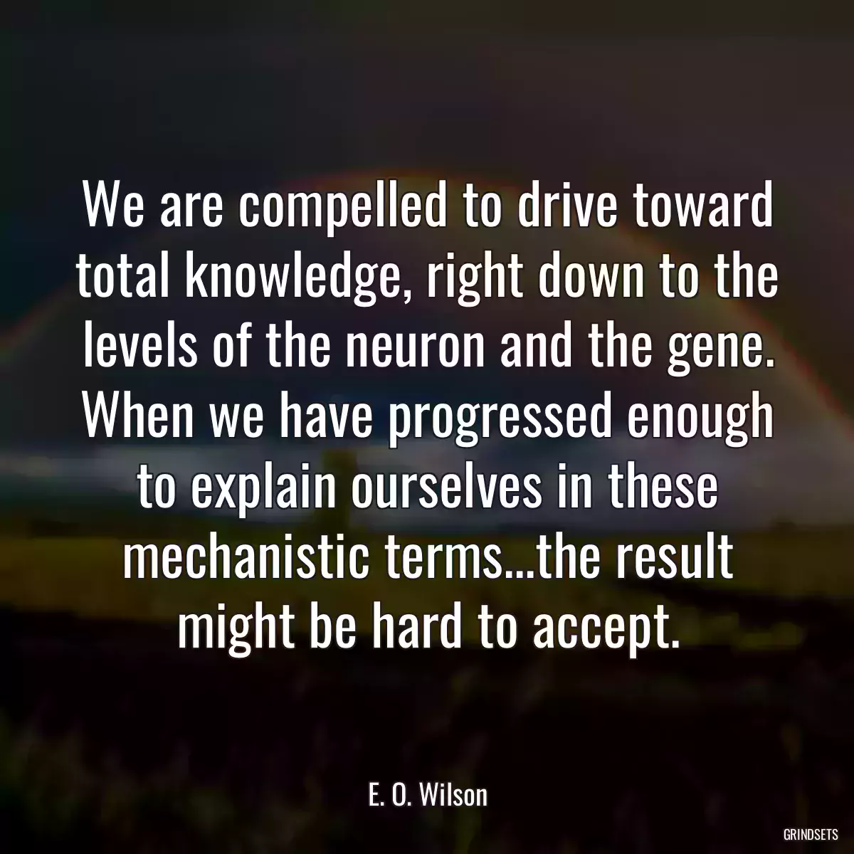 We are compelled to drive toward total knowledge, right down to the levels of the neuron and the gene. When we have progressed enough to explain ourselves in these mechanistic terms...the result might be hard to accept.