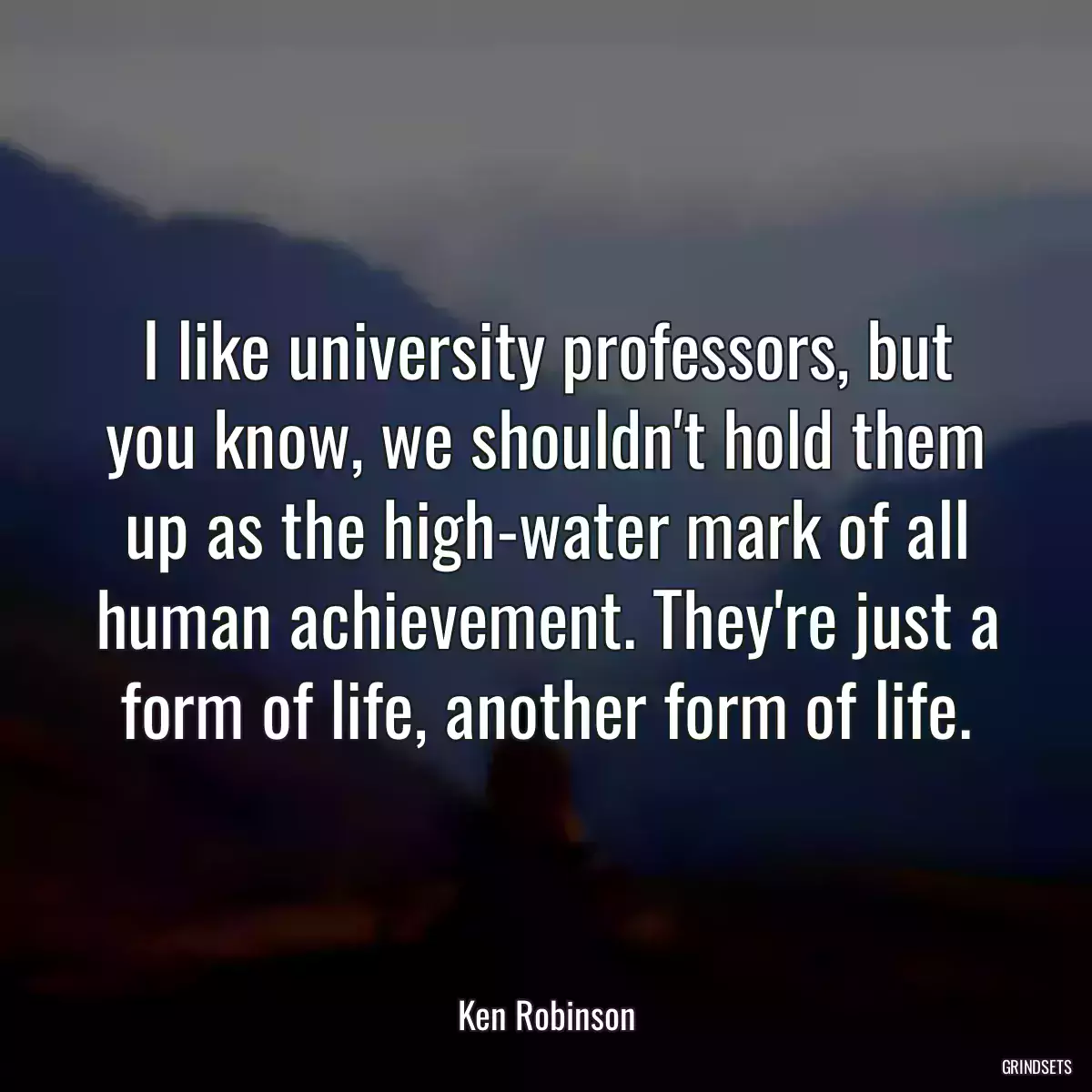 I like university professors, but you know, we shouldn\'t hold them up as the high-water mark of all human achievement. They\'re just a form of life, another form of life.