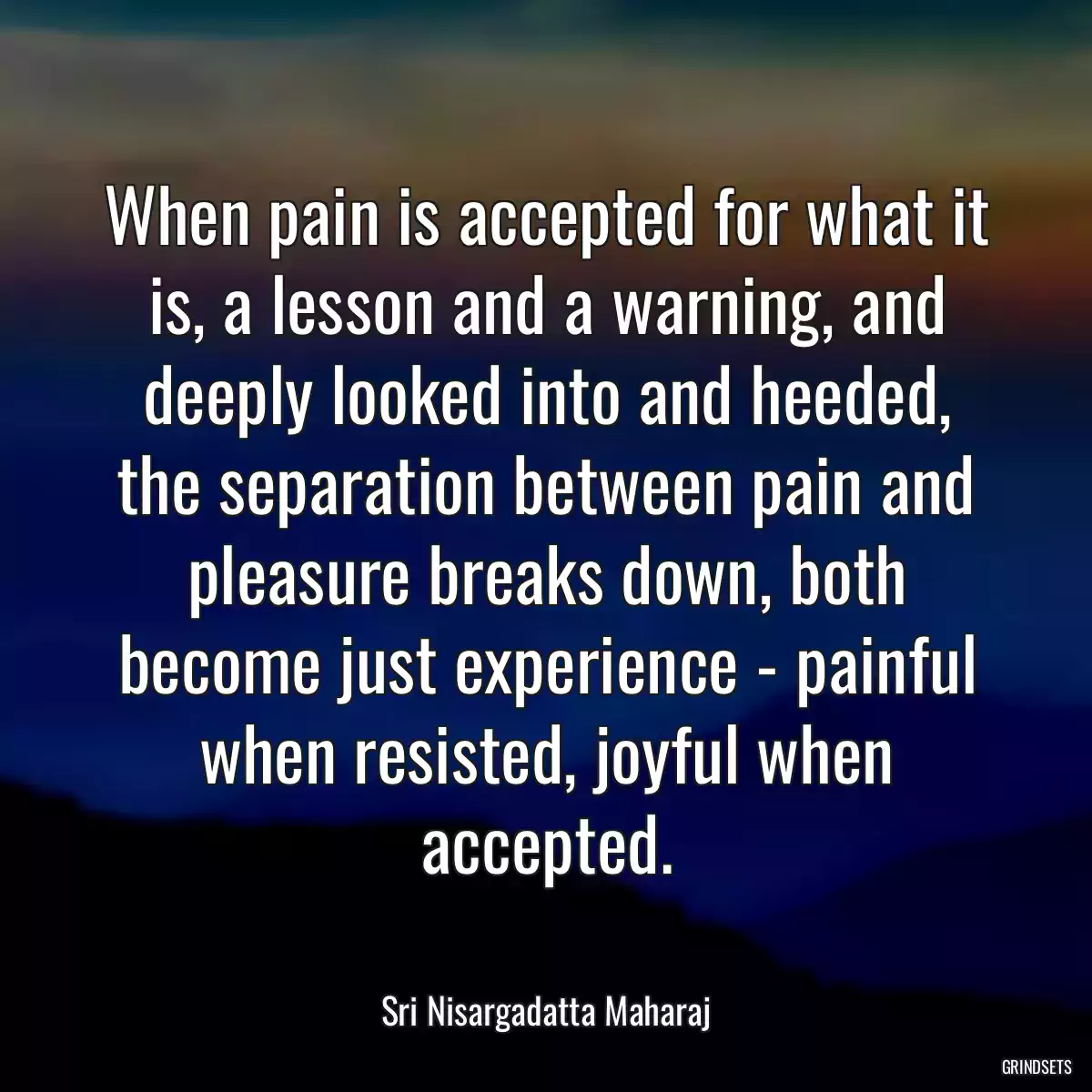 When pain is accepted for what it is, a lesson and a warning, and deeply looked into and heeded, the separation between pain and pleasure breaks down, both become just experience - painful when resisted, joyful when accepted.