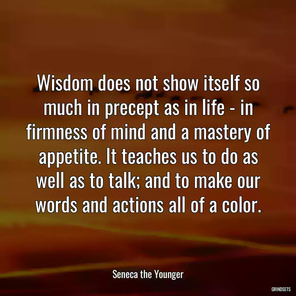 Wisdom does not show itself so much in precept as in life - in firmness of mind and a mastery of appetite. It teaches us to do as well as to talk; and to make our words and actions all of a color.