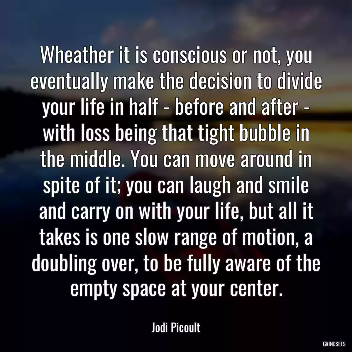 Wheather it is conscious or not, you eventually make the decision to divide your life in half - before and after - with loss being that tight bubble in the middle. You can move around in spite of it; you can laugh and smile and carry on with your life, but all it takes is one slow range of motion, a doubling over, to be fully aware of the empty space at your center.