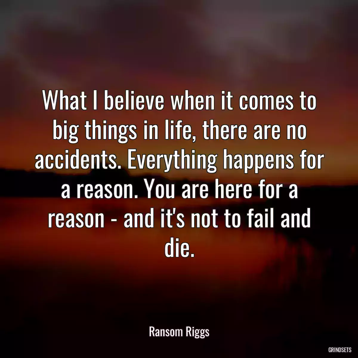 What I believe when it comes to big things in life, there are no accidents. Everything happens for a reason. You are here for a reason - and it\'s not to fail and die.