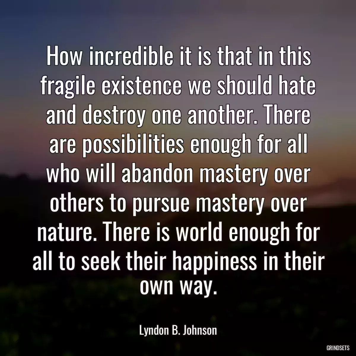 How incredible it is that in this fragile existence we should hate and destroy one another. There are possibilities enough for all who will abandon mastery over others to pursue mastery over nature. There is world enough for all to seek their happiness in their own way.