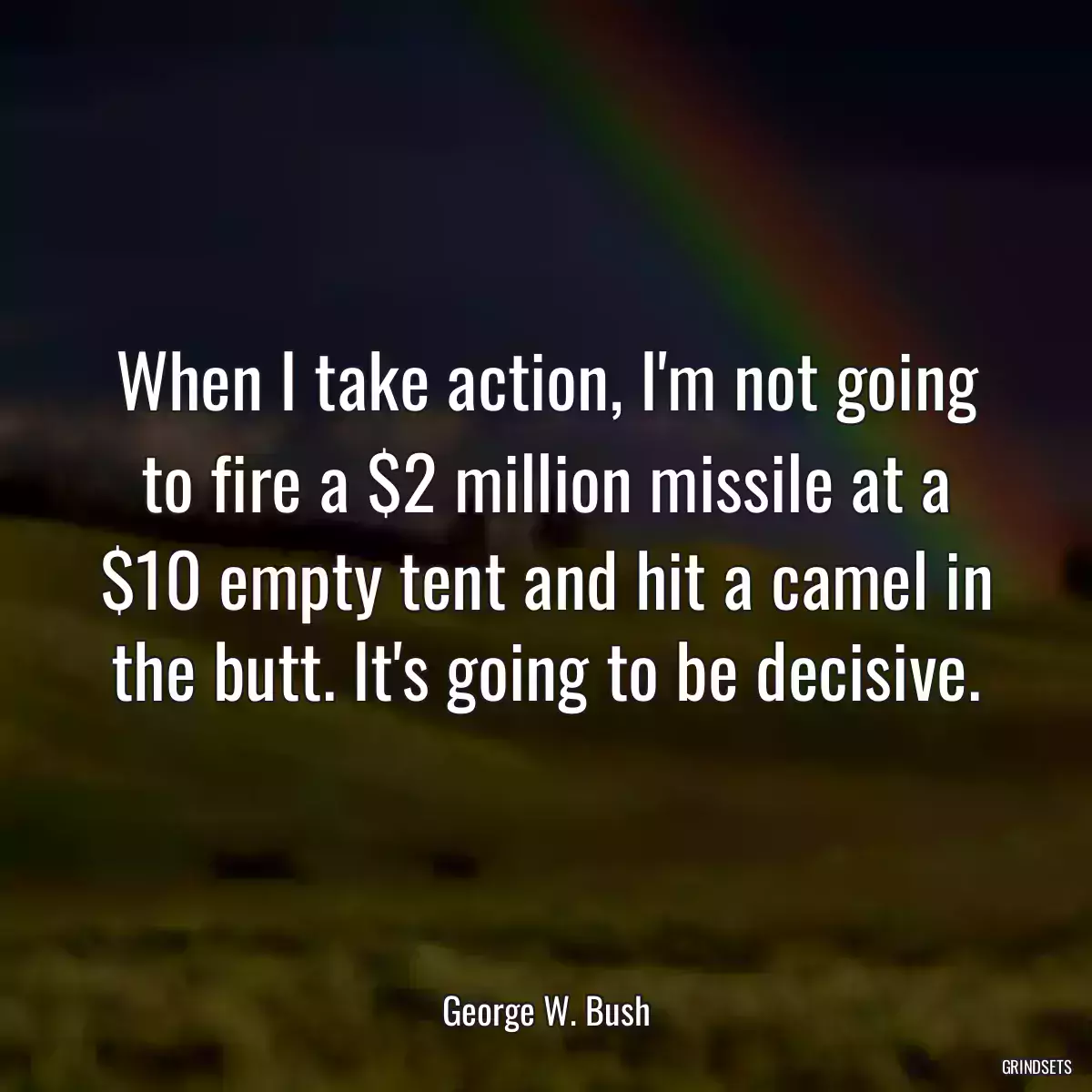 When I take action, I\'m not going to fire a $2 million missile at a $10 empty tent and hit a camel in the butt. It\'s going to be decisive.