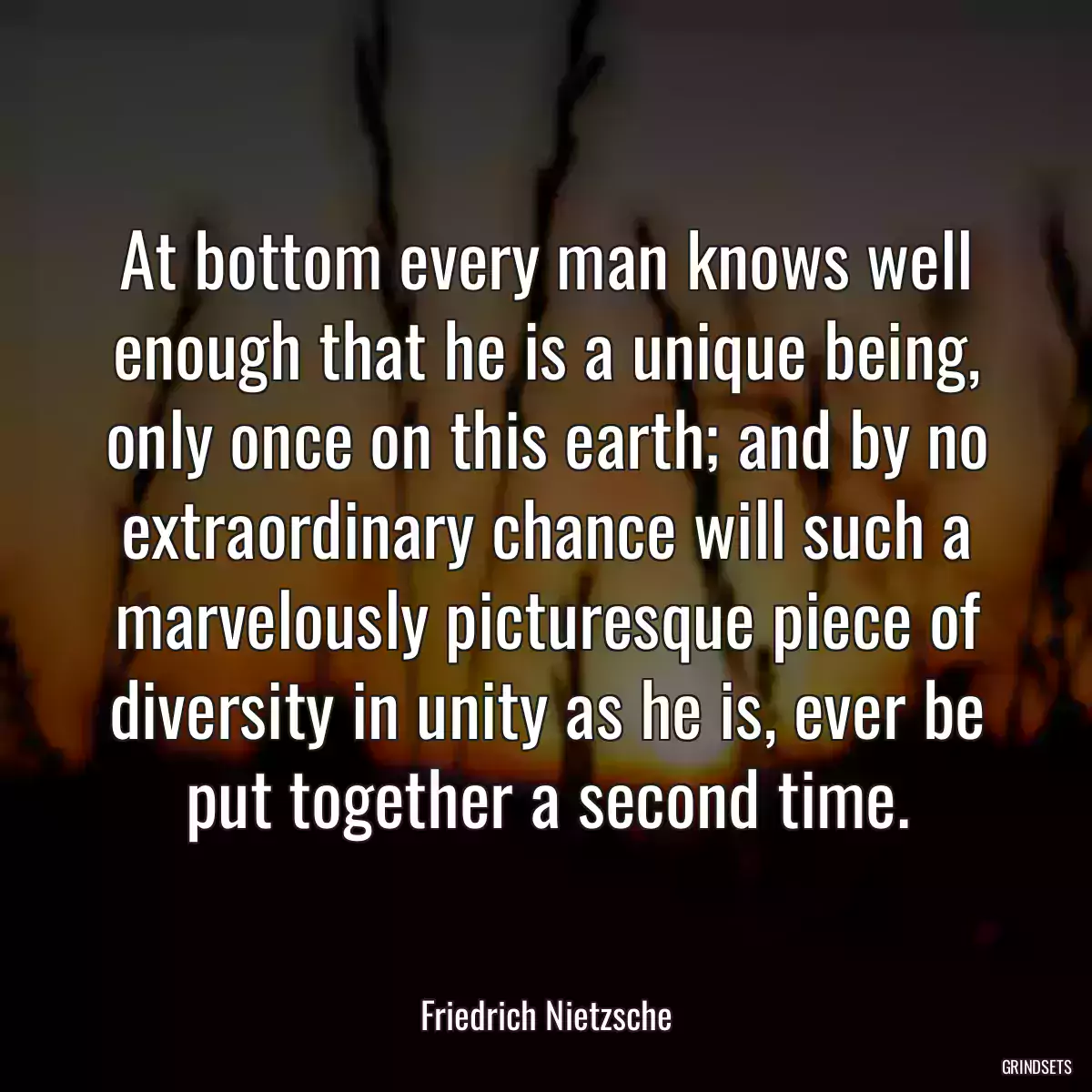 At bottom every man knows well enough that he is a unique being, only once on this earth; and by no extraordinary chance will such a marvelously picturesque piece of diversity in unity as he is, ever be put together a second time.