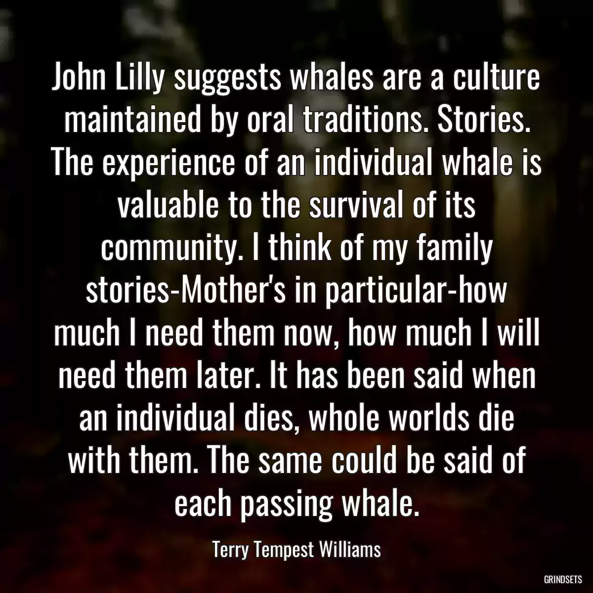 John Lilly suggests whales are a culture maintained by oral traditions. Stories. The experience of an individual whale is valuable to the survival of its community. I think of my family stories-Mother\'s in particular-how much I need them now, how much I will need them later. It has been said when an individual dies, whole worlds die with them. The same could be said of each passing whale.