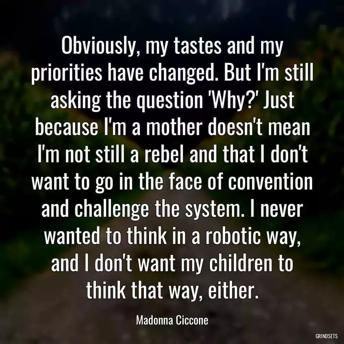 Obviously, my tastes and my priorities have changed. But I\'m still asking the question \'Why?\' Just because I\'m a mother doesn\'t mean I\'m not still a rebel and that I don\'t want to go in the face of convention and challenge the system. I never wanted to think in a robotic way, and I don\'t want my children to think that way, either.