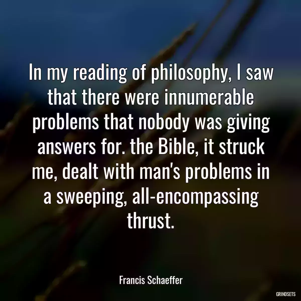 In my reading of philosophy, I saw that there were innumerable problems that nobody was giving answers for. the Bible, it struck me, dealt with man\'s problems in a sweeping, all-encompassing thrust.