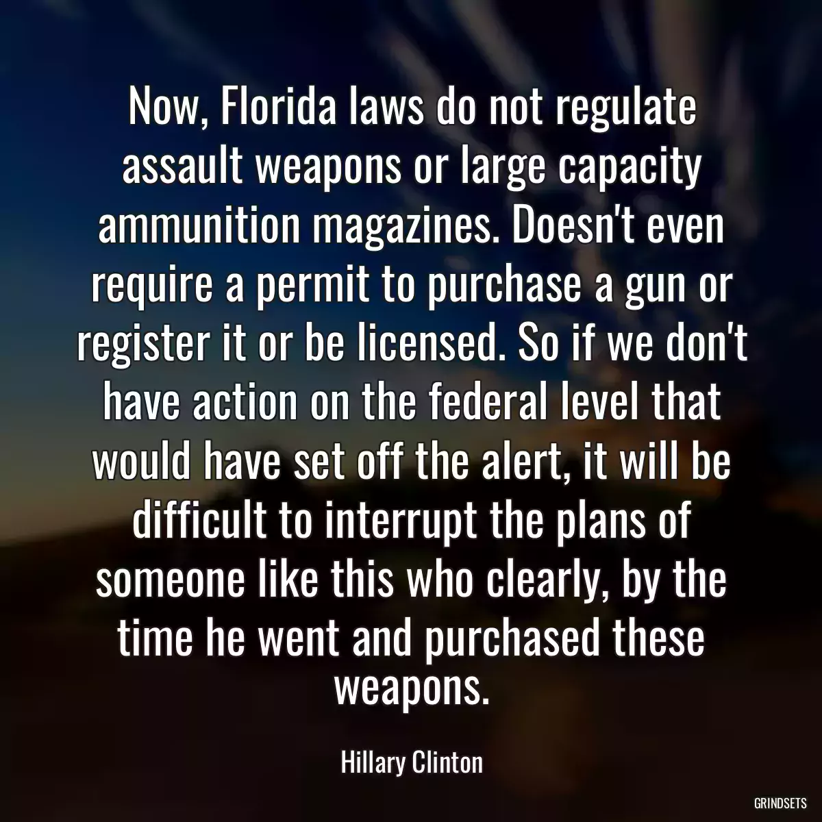 Now, Florida laws do not regulate assault weapons or large capacity ammunition magazines. Doesn\'t even require a permit to purchase a gun or register it or be licensed. So if we don\'t have action on the federal level that would have set off the alert, it will be difficult to interrupt the plans of someone like this who clearly, by the time he went and purchased these weapons.