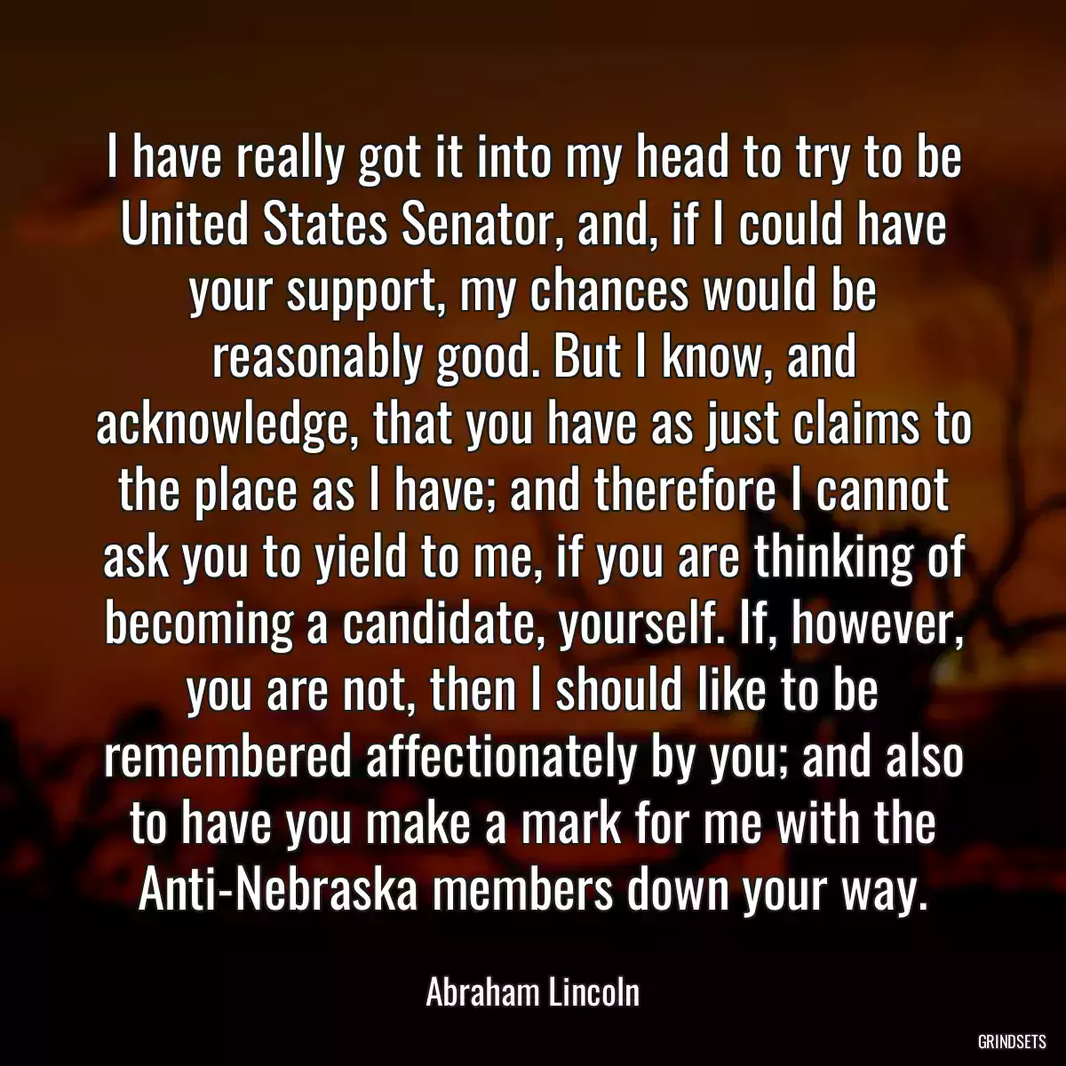 I have really got it into my head to try to be United States Senator, and, if I could have your support, my chances would be reasonably good. But I know, and acknowledge, that you have as just claims to the place as I have; and therefore I cannot ask you to yield to me, if you are thinking of becoming a candidate, yourself. If, however, you are not, then I should like to be remembered affectionately by you; and also to have you make a mark for me with the Anti-Nebraska members down your way.