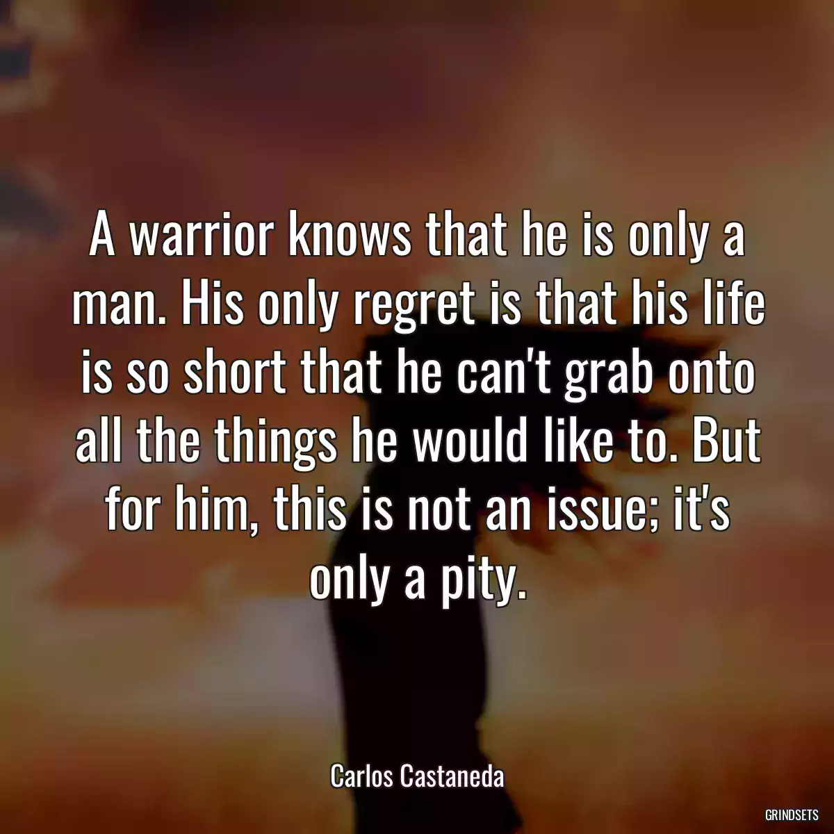 A warrior knows that he is only a man. His only regret is that his life is so short that he can\'t grab onto all the things he would like to. But for him, this is not an issue; it\'s only a pity.