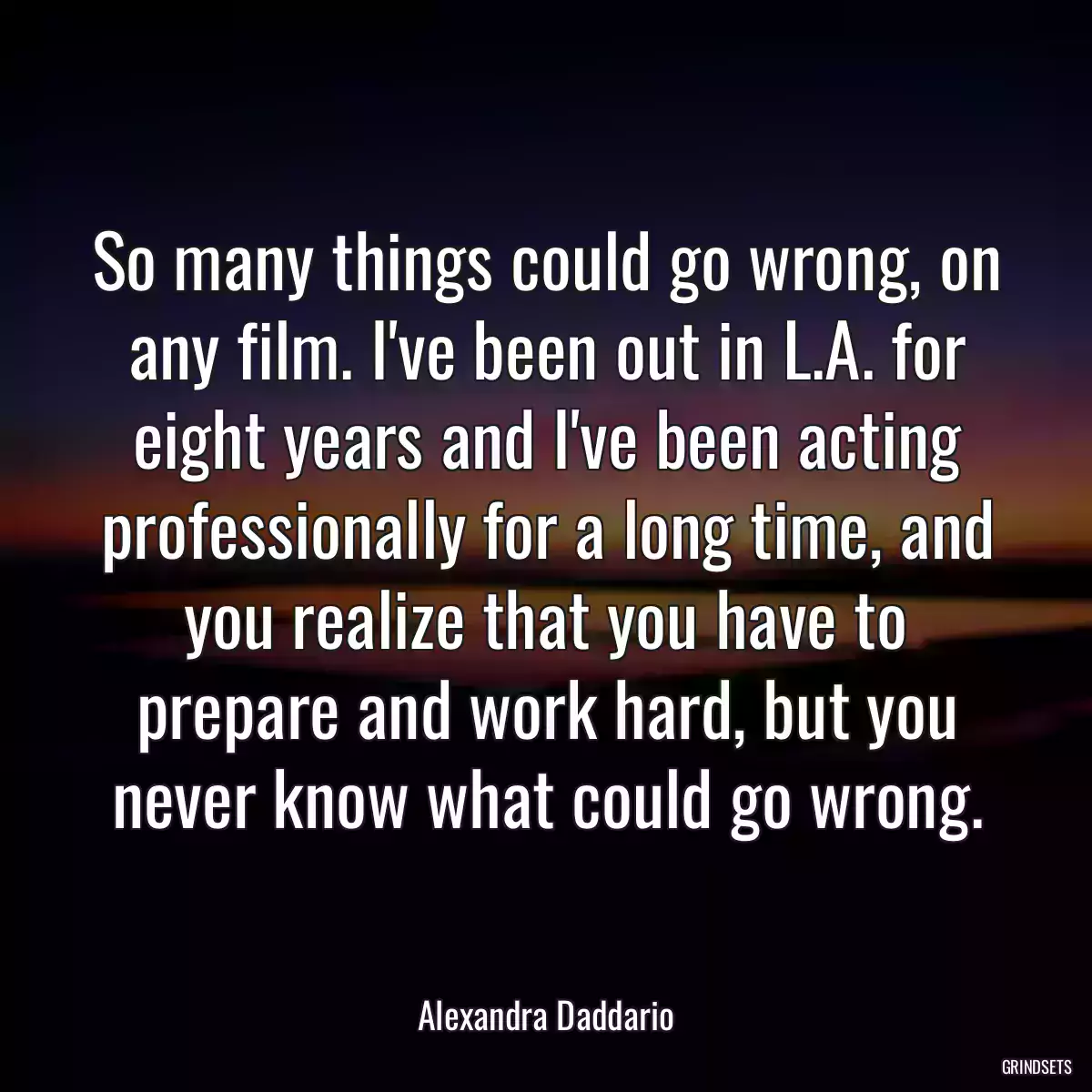 So many things could go wrong, on any film. I\'ve been out in L.A. for eight years and I\'ve been acting professionally for a long time, and you realize that you have to prepare and work hard, but you never know what could go wrong.