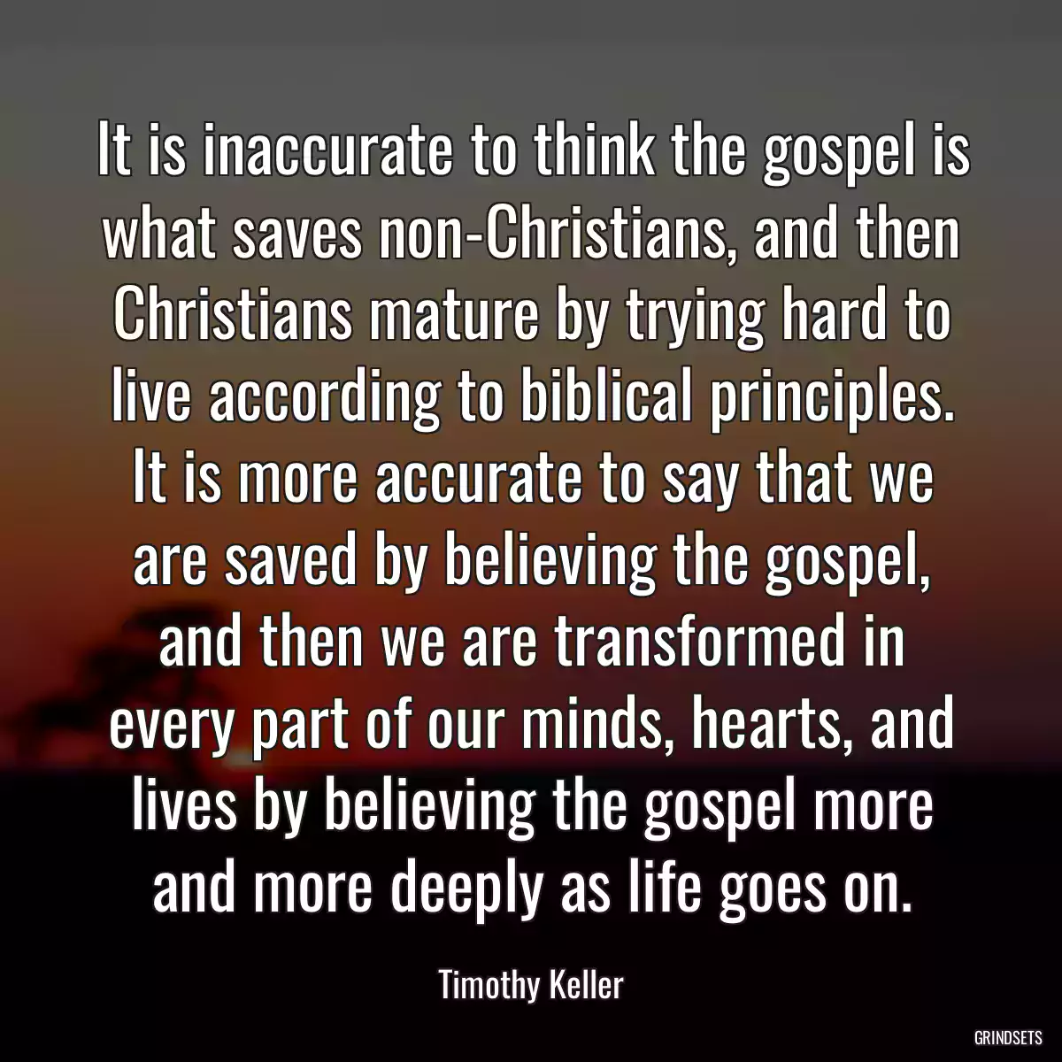 It is inaccurate to think the gospel is what saves non-Christians, and then Christians mature by trying hard to live according to biblical principles. It is more accurate to say that we are saved by believing the gospel, and then we are transformed in every part of our minds, hearts, and lives by believing the gospel more and more deeply as life goes on.