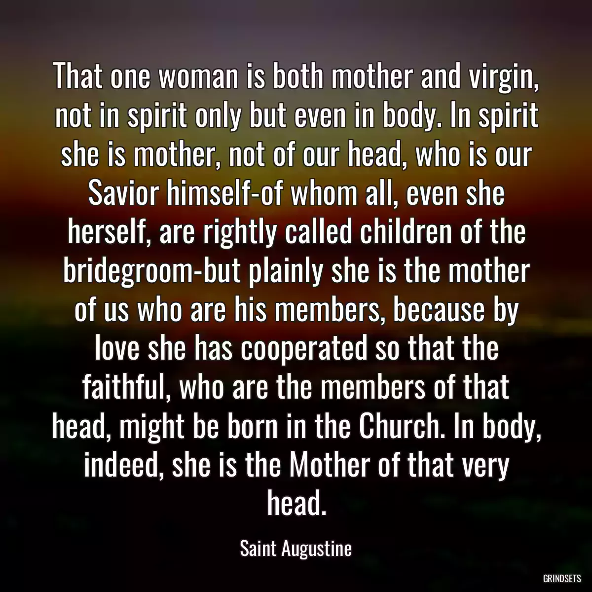 That one woman is both mother and virgin, not in spirit only but even in body. In spirit she is mother, not of our head, who is our Savior himself-of whom all, even she herself, are rightly called children of the bridegroom-but plainly she is the mother of us who are his members, because by love she has cooperated so that the faithful, who are the members of that head, might be born in the Church. In body, indeed, she is the Mother of that very head.