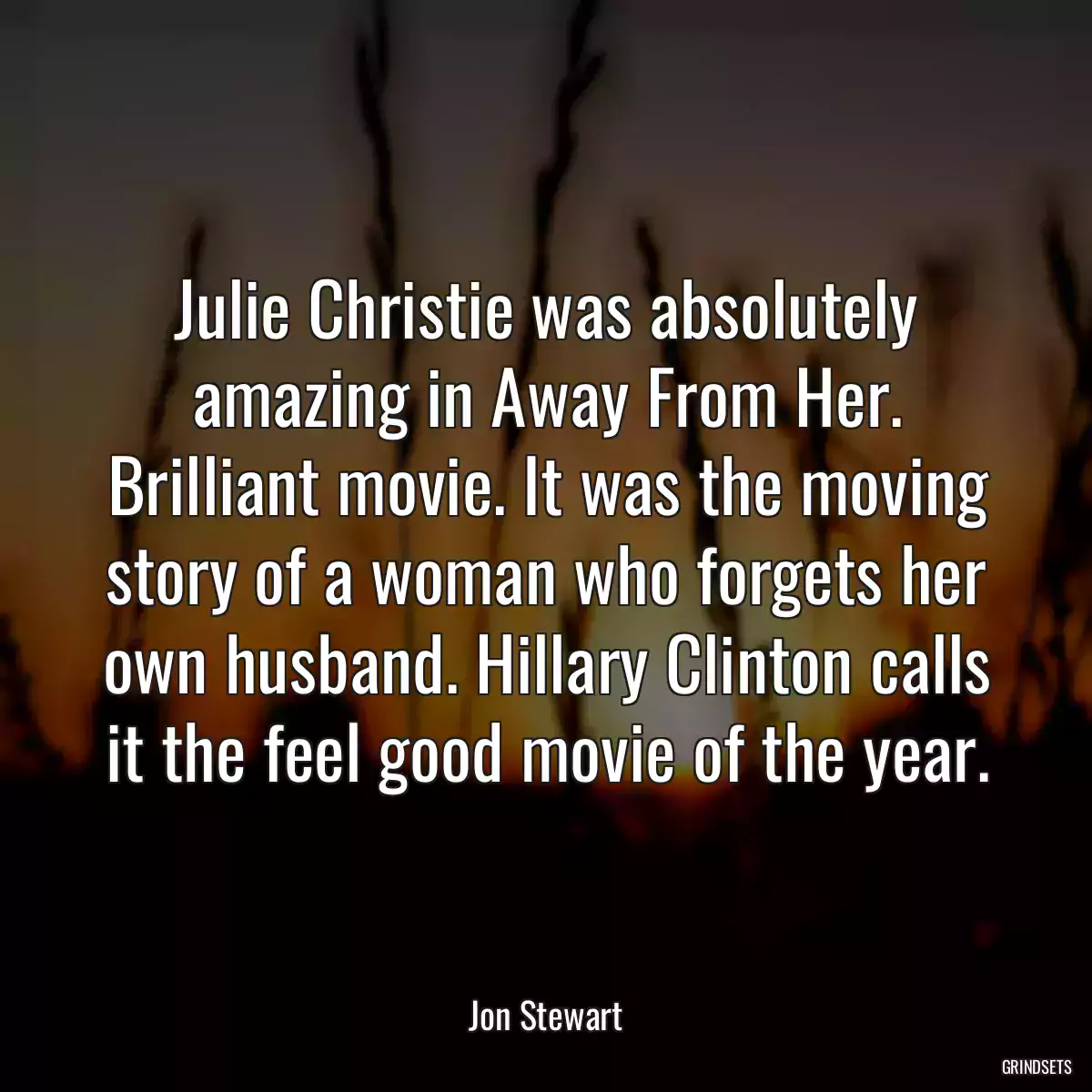 Julie Christie was absolutely amazing in Away From Her. Brilliant movie. It was the moving story of a woman who forgets her own husband. Hillary Clinton calls it the feel good movie of the year.