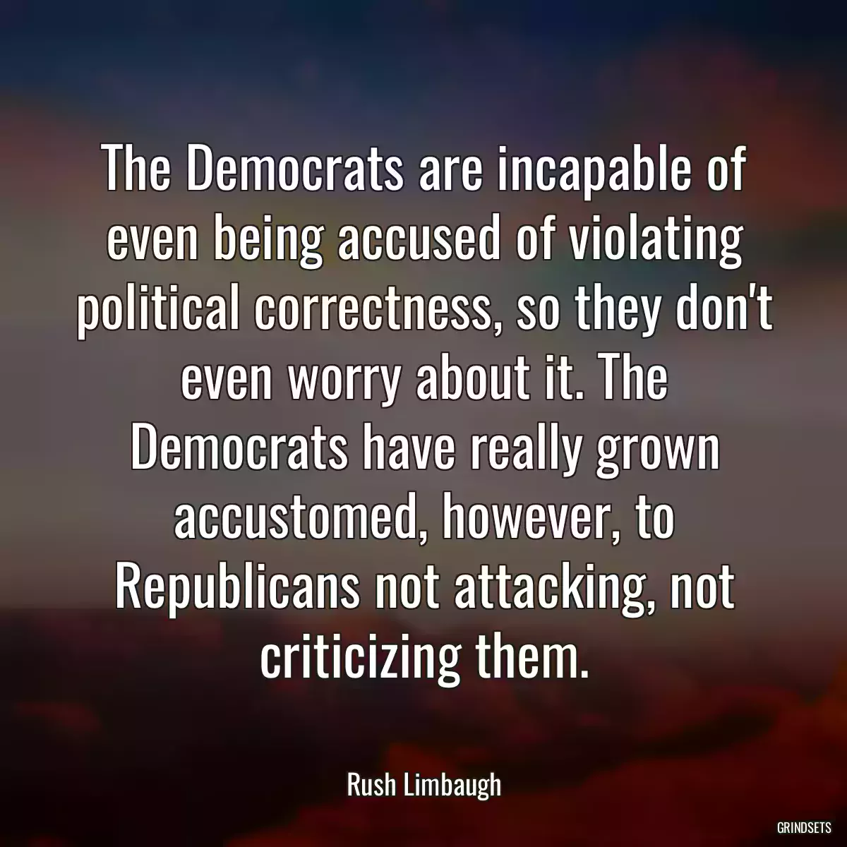 The Democrats are incapable of even being accused of violating political correctness, so they don\'t even worry about it. The Democrats have really grown accustomed, however, to Republicans not attacking, not criticizing them.