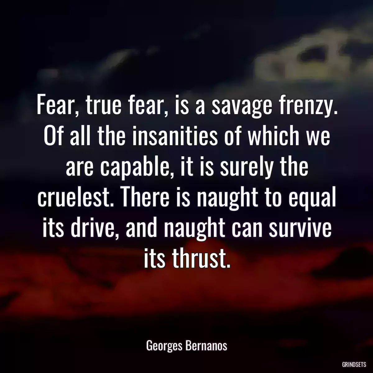 Fear, true fear, is a savage frenzy. Of all the insanities of which we are capable, it is surely the cruelest. There is naught to equal its drive, and naught can survive its thrust.