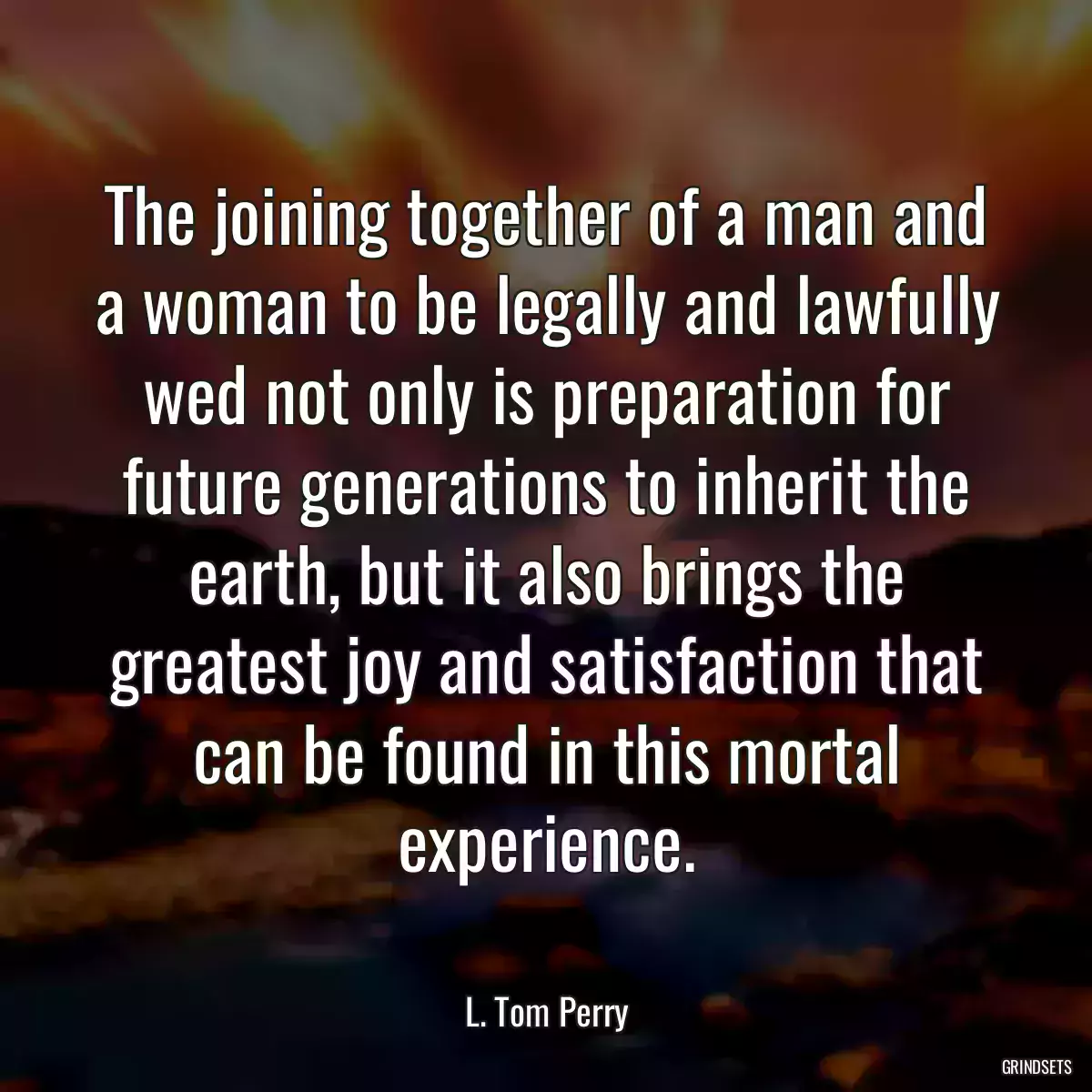 The joining together of a man and a woman to be legally and lawfully wed not only is preparation for future generations to inherit the earth, but it also brings the greatest joy and satisfaction that can be found in this mortal experience.